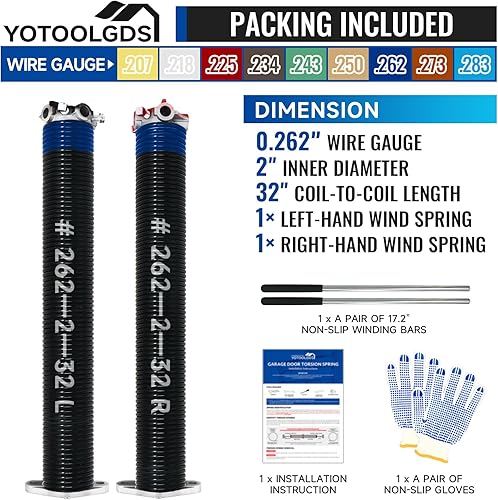 Miniatura 98 de Par de resortes de torsión para puerta de garaje de 2 pulgadas con barras de bobinado antideslizantes y guantes, electroforesis de alta precisión