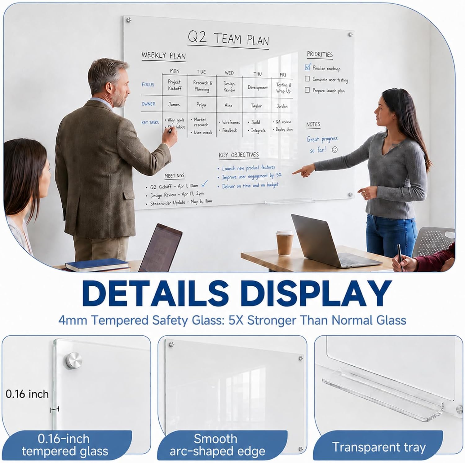 Premium 40" x 72" Ultra White Magnetic Glass Dry Erase Board - Frameless Tempered Glass Whiteboard, Wall Mounted, Includes 6 Markers - Perfect for Office, Home, School