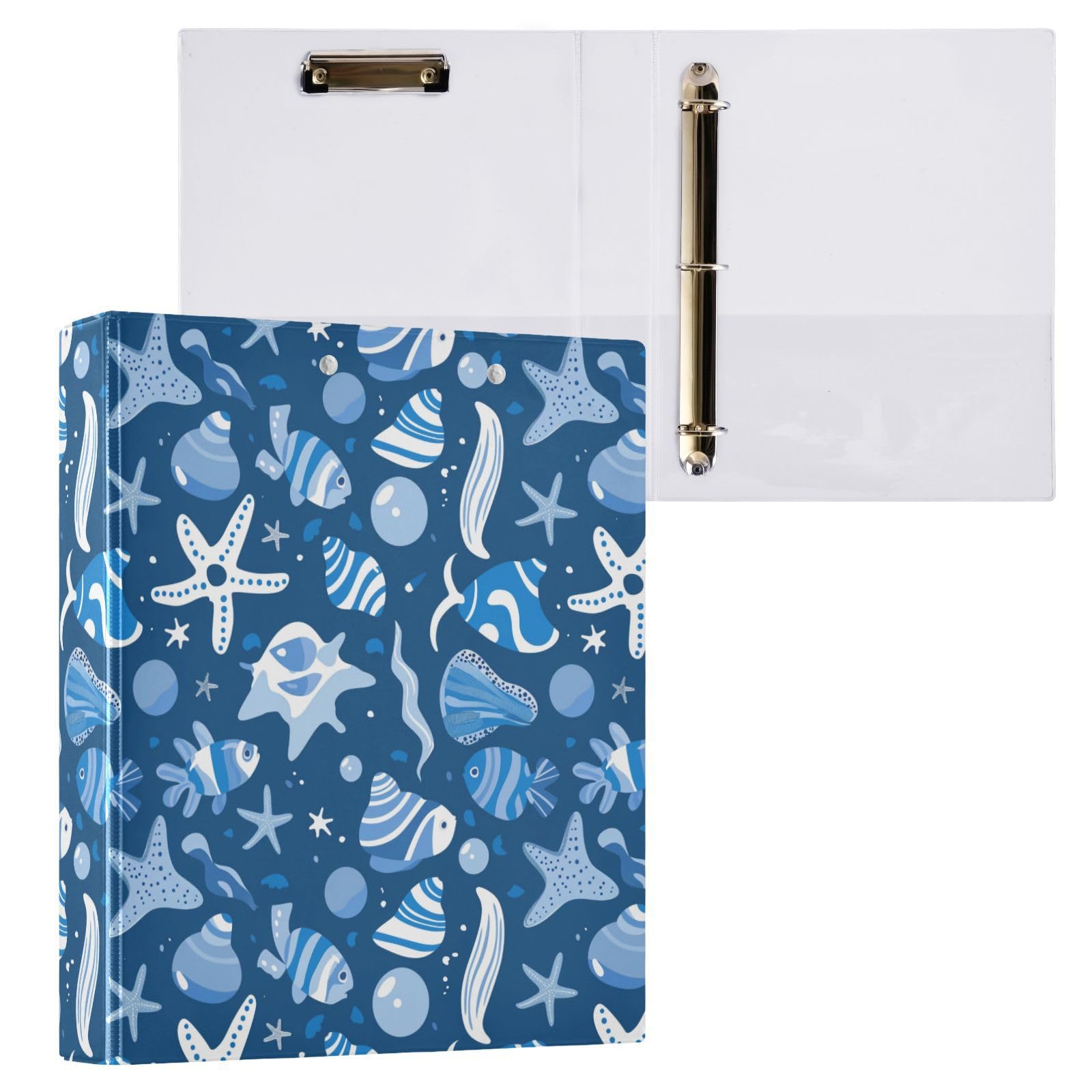 3 Ring Binder Beachy Blue Starfish 1.5 Inch, Ocean Binders with Clipboard and PVC Pocketsv, Fits 8.5x11 Paper for School Office Supplies (1 Pack)