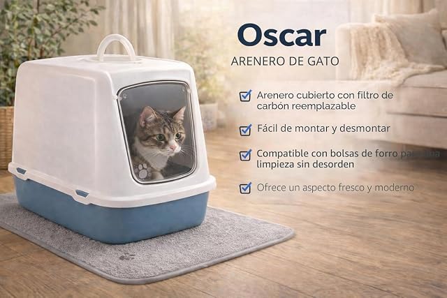 Foto 2 de 4 de Savic arenero Gato Oscar - Azul - Cerrado - con Tapa - Filtro de carbón Integrado - Puerta extraíble
