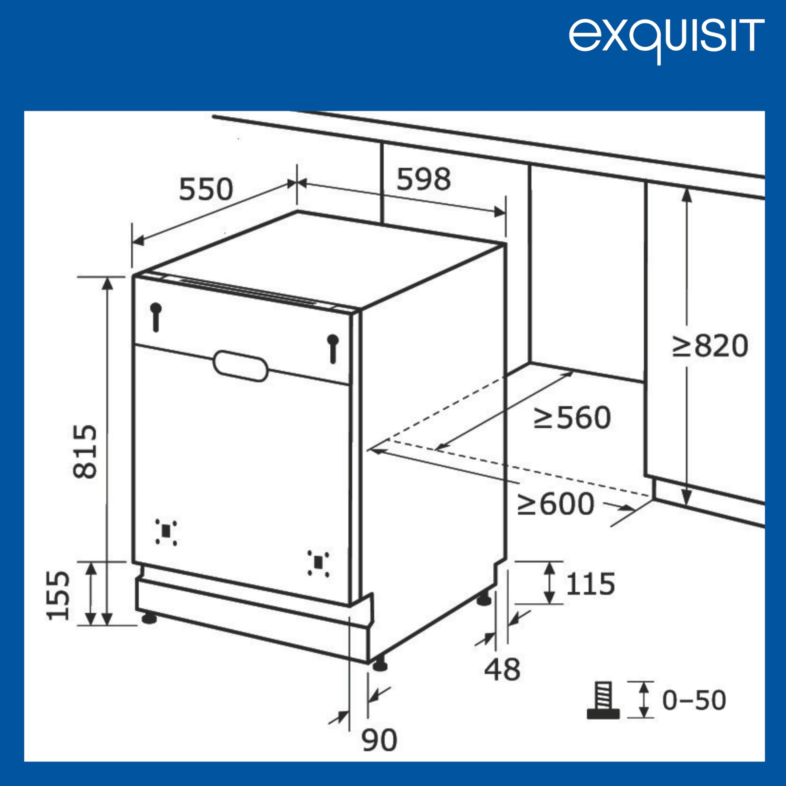 Exquisit EGSP56312-E-030E Einbau-Geschirrspüler 12 Maßgedecke 49 dB leise Aquastop Startzeitvorwahl höhenverstellbarer Korb LED-Anzeige