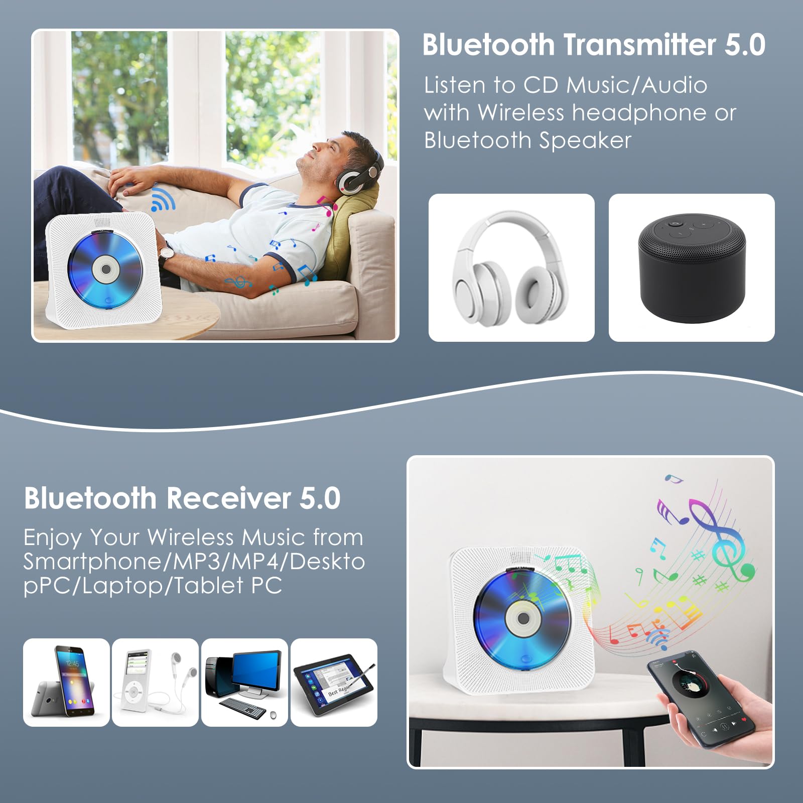 Gueray Lettore DVD per TV Lettore DVD/CD da Tavolo per la Casa con Altoparlanti Bluetooth Display Sveglia Radio FM con Lettore CD Riproduzione di Schede USB Include Telecomando HDMI Cavo(Bianco)