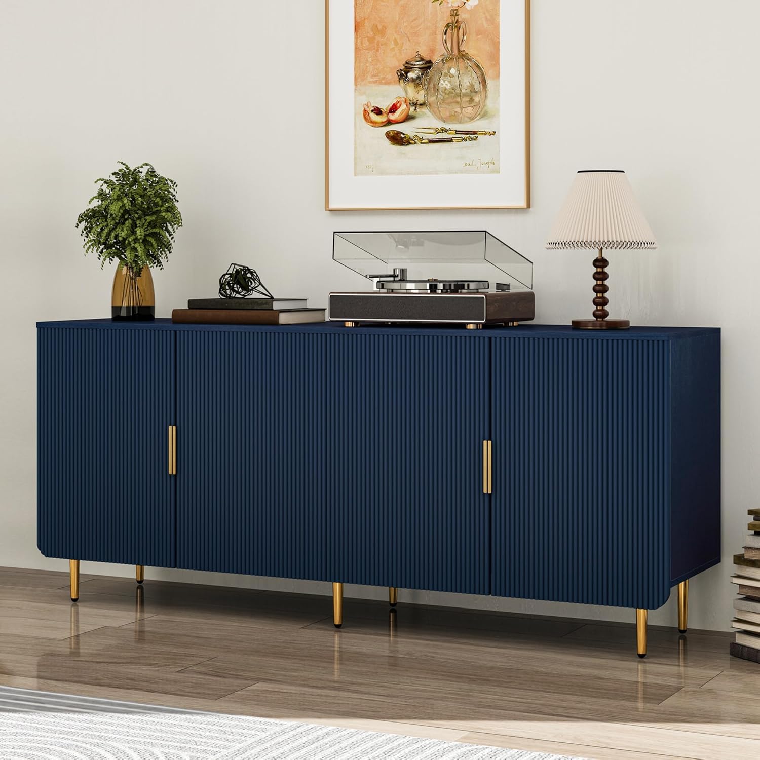 65" Fluted Sideboard Buffet Cabinet with Storage, Blue | Console Cabinet with 4 Doors & Adjustable Shelves, Modern Buffet Table for Kitchen Dining Living Room Hallway‌ Entryway |-image-25