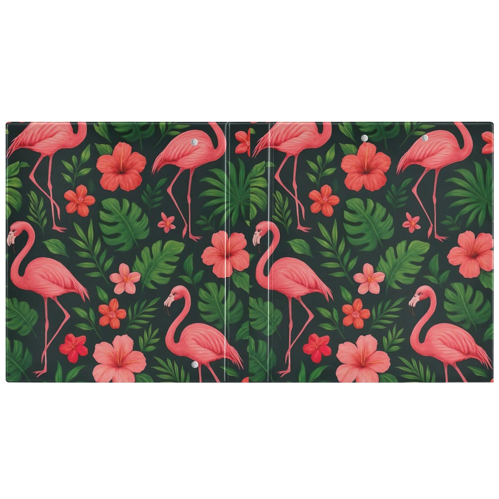 Raccoglitore a 3 anelli, motivo fenicotteri rosa con foglie tropicali scure, confezione da 2