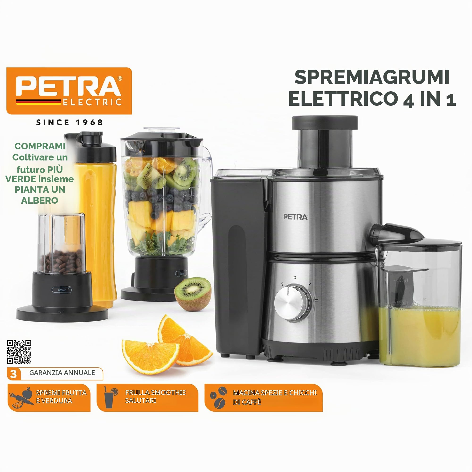 Petra PT4294VDEEU7 4 in 1 Centrifuga elettrica - spremiagrumi, frullatore, macinacaffè, caraffa da 1 l e Bottiglia, 2 velocità a impulsi, frullati proteici, Tazza da 30 g di caffè, Senza BPA, 400W | Caraffa 1 L, contenitore polpa 850 ml, contenitore succo