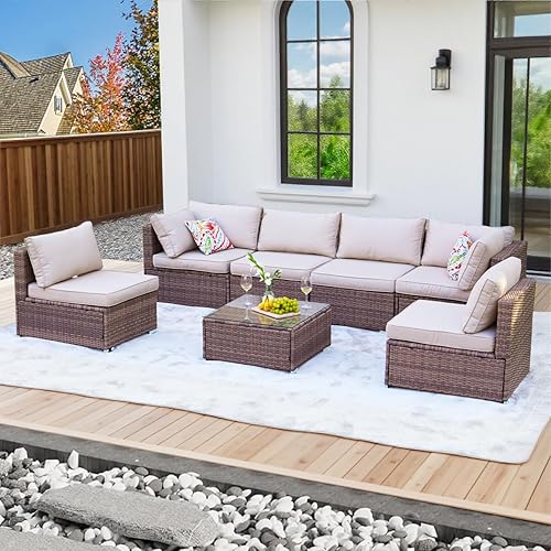 7 Pieces Patio Furniture Set - All-Weather Outdoor Wicker Sectional Conversation Sofa, Rattan Patio Seating Sofa Set with Cushion and Glass Table for Porch Poolside, Brown/Beige