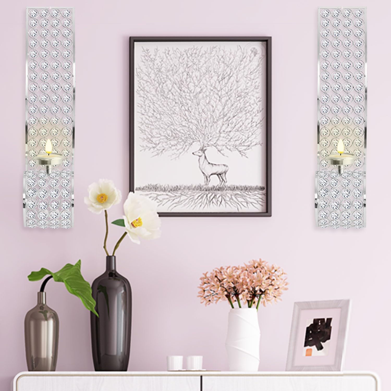 Crystal Candle Sconces for Wall Metal Tealight Candle Holders Silver Wall Decor for Living Dining Room Bedroom Candle Centerpiece, Set of 2