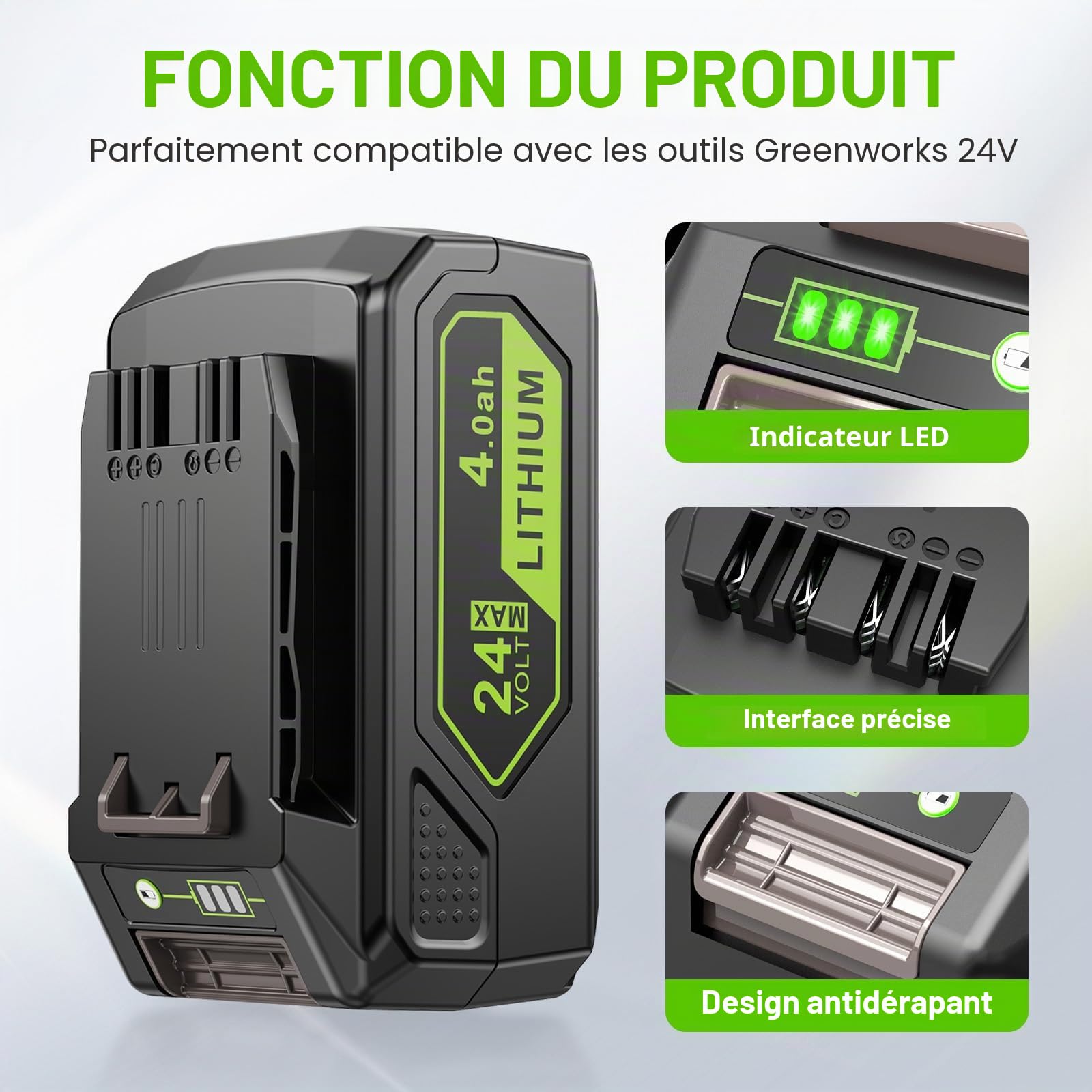 ASUNCELL Batterie de rechange 4 Ah 24 V pour Greenworks, batterie Li-Ion compatible avec Greenworks 24 V 29842 29852 BAG708 BAG711 20352 22232 2508302