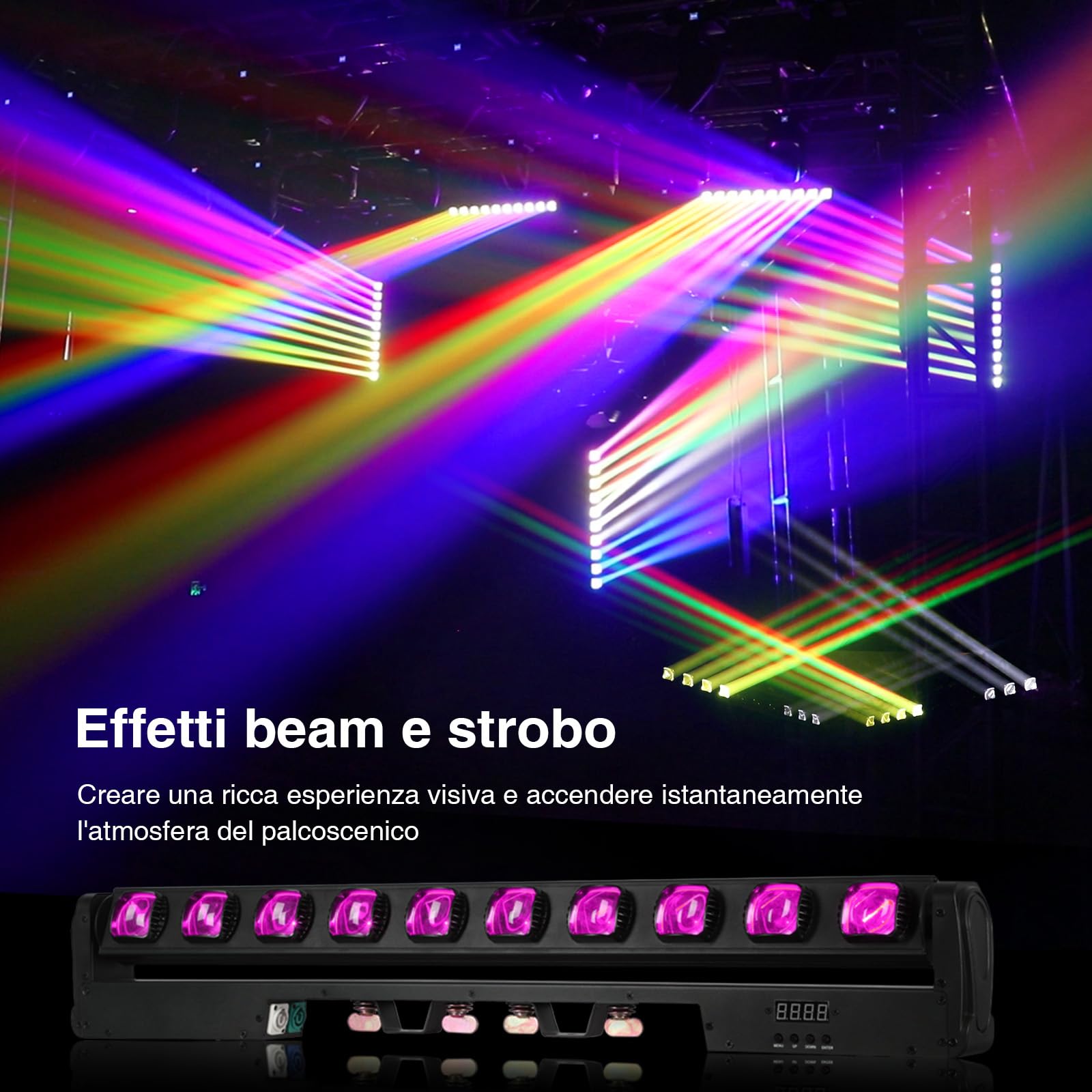 BETOPPER Teste Mobili Barra LED RGBW 10x15W, Luci DJ Professionale con 10 Eye, Beam/Strobe DMX 512 & Attivazione Sonora,Luci da Discoteca per Concerti, Eventi, Teatro, Club, Feste (98.5CM)