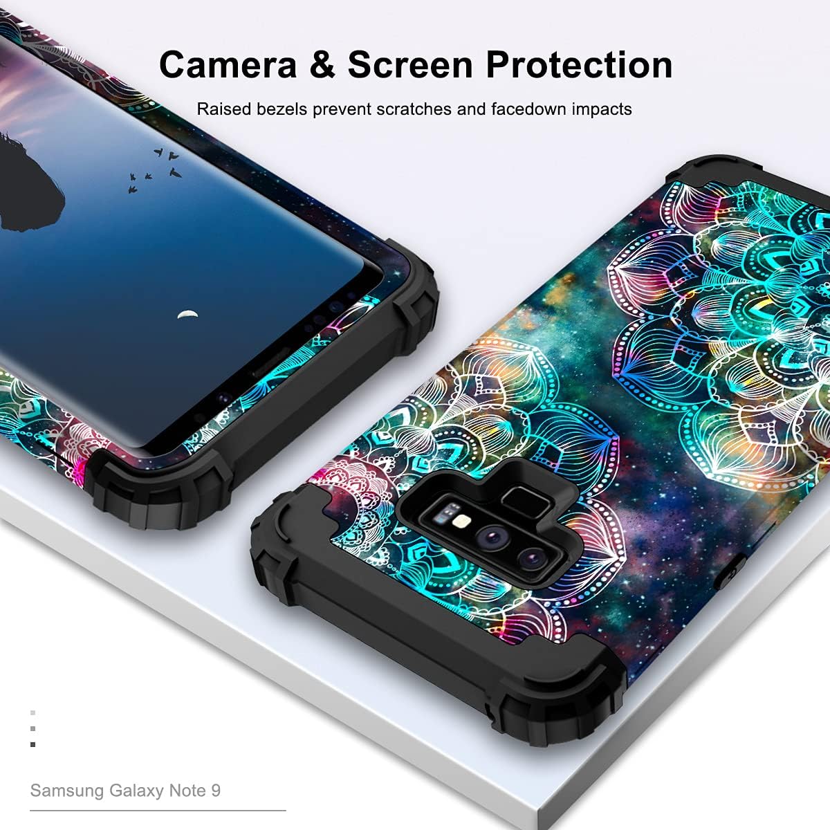 PIXIU for Galaxy Note 9 case, Unique Pattern Heavy Duty Shockproof 3 in 1 hybird Rubber stury Full-Body Protective case Cover for Samsung Galaxy Note 9 2018 Released (Mandala in Galaxy)