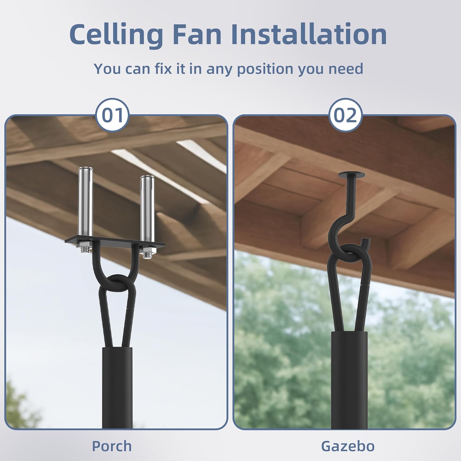 MELLCOM 20" Outdoor Ceiling Fan with Light，IP65 Waterproof Plug in Ceiling Fan with Remote and 3 Downrods, Gazebo Caged Hanging Fan with 3 Color LED Light for Porch, Pergola, Canopy, Black