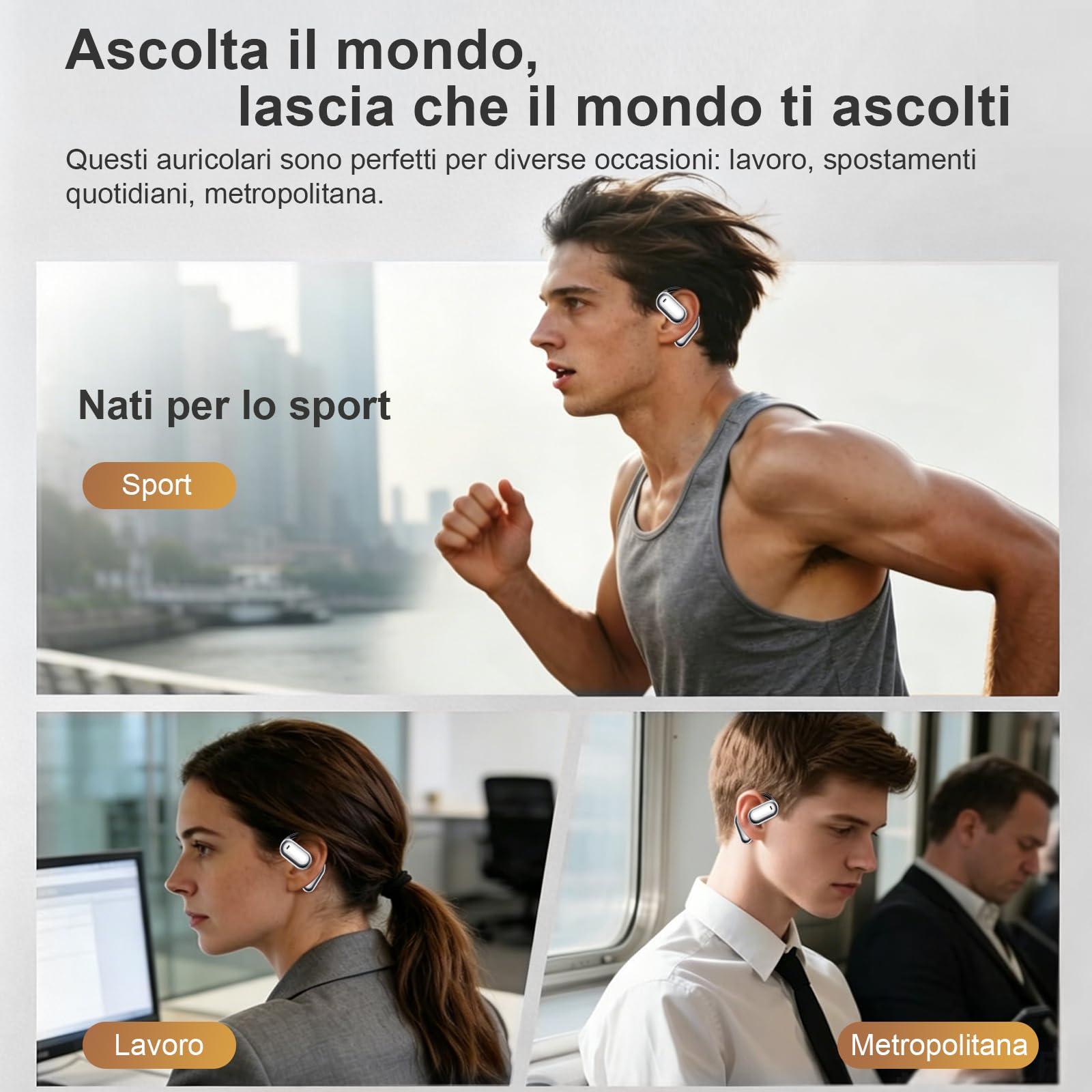 Cuffie Open Ear Bluetooth 6.1 con IA, 50 Ore Auricolari Sportive con Ganci Auricolari Flessibili, Touch Intelligente, Ricarica Rapida 1 Ora, Custodia Ricarica Doppio LED Cuffie Running Senza Filo
