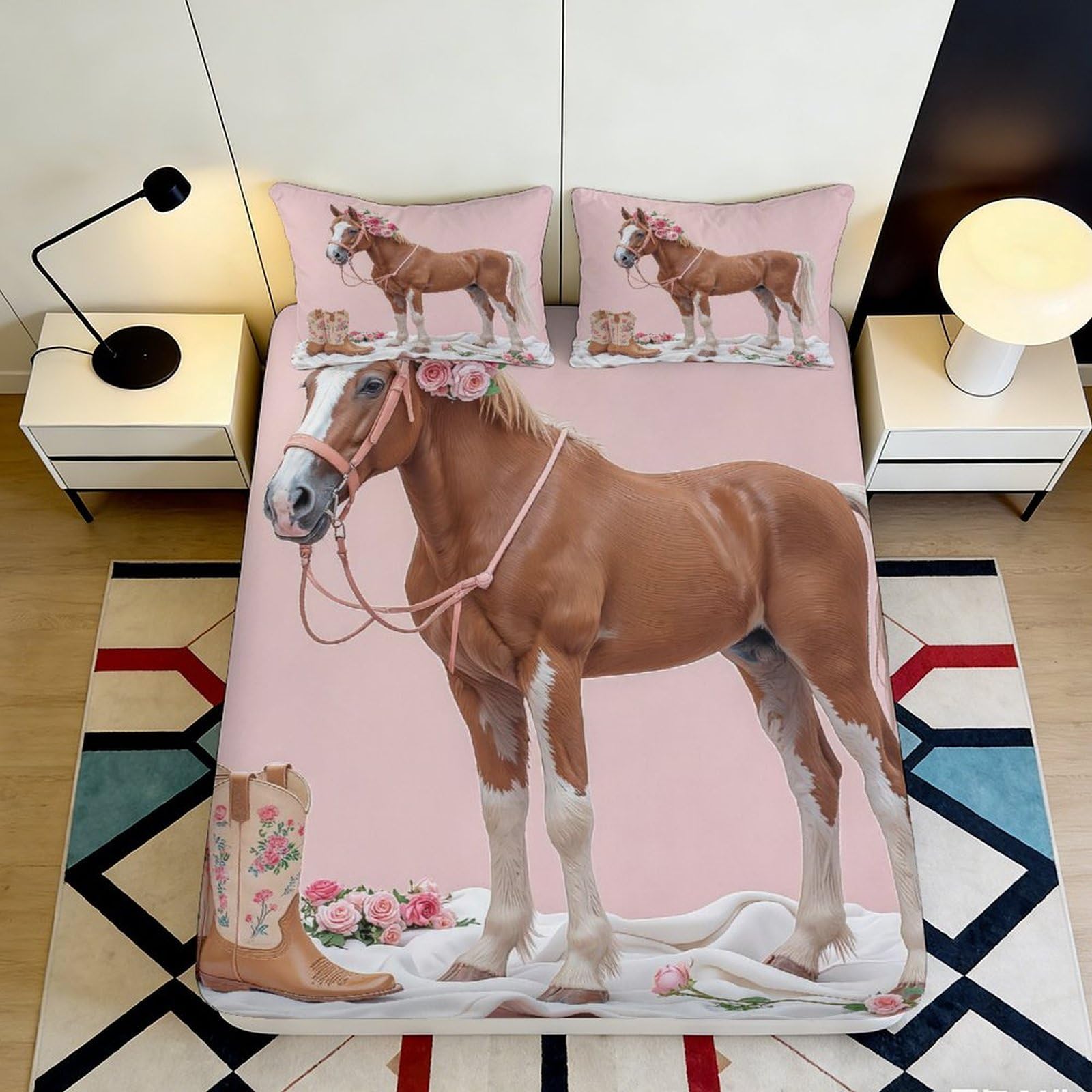 3D Printed Horse Pasture Fitted Sheet Microfiber Soft Brown Stallion Bed Cover for Bedroom Dorm Mattress Protection Decor 90x200x25cm