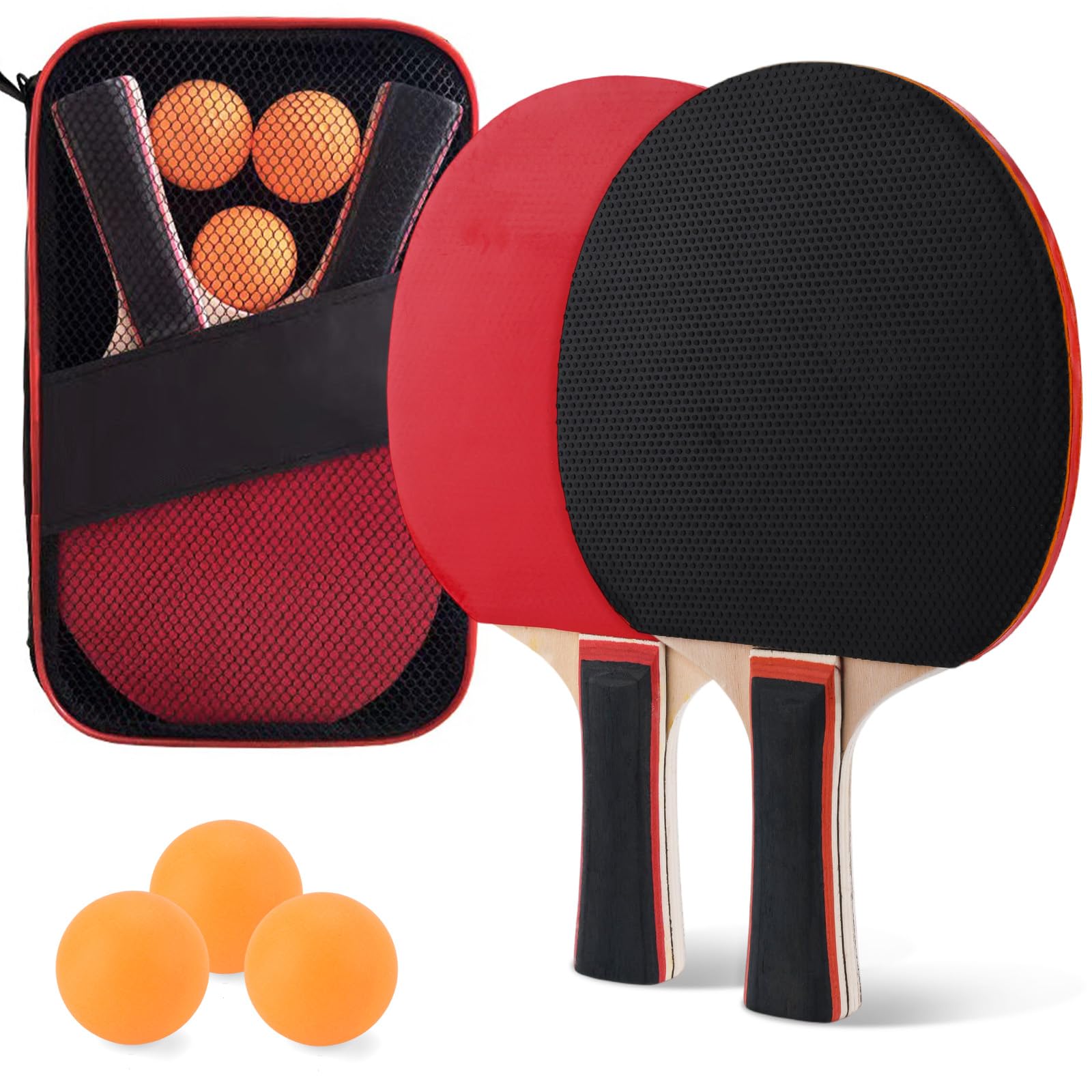 Palas Ping Pong Set,Ping Pong Racket Pala Profesional Set,Entrenamiento o Kit de Raqueta recreativa,con 2 Palas 3 Pelotas 1 Bolsa,para Ocio Entrenamiento Interior Exterior