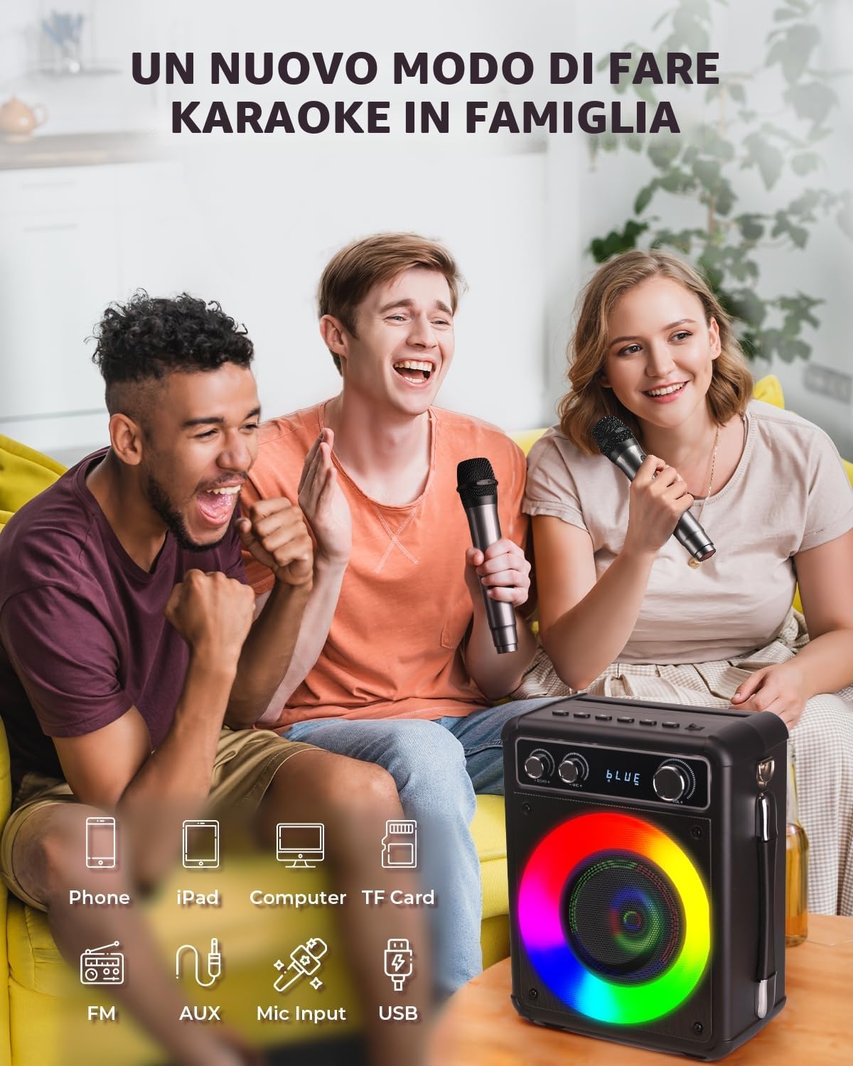 BONAOK Karaoke Machine, Sistema Karaoke Bluetooth con 2 Microfoni, Macchina Ricaricabile per il Karaoke Party, Music Box con Effetto Luci, Supporto TF USB per Home Party