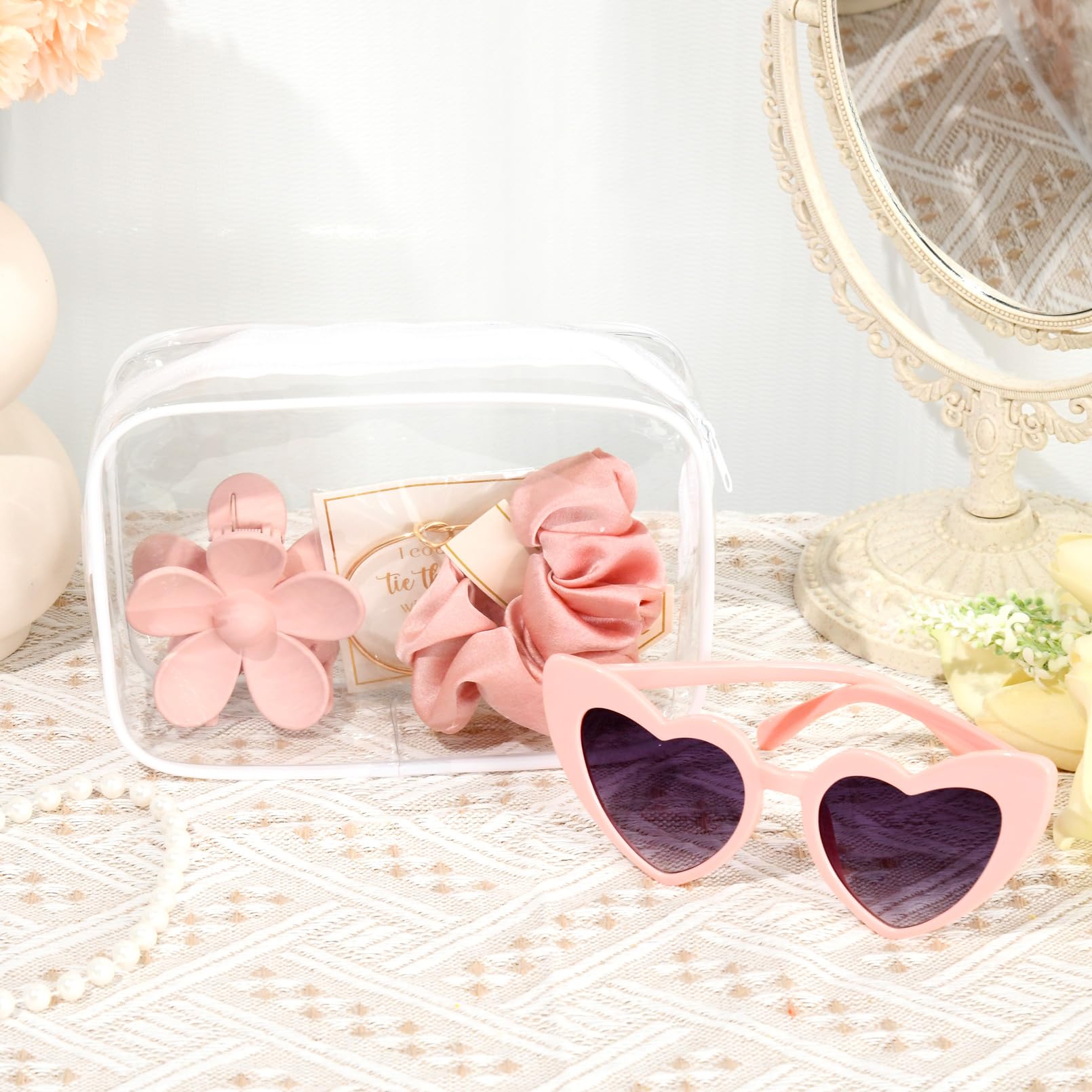 DEEKA Set di 30 borse trasparenti per proposte di damigella d'onore, trousse da trucco per addio al nubilato, bomboniere, occhiali da sole, clip a artiglio, elastici per braccialetti con nodi, regali