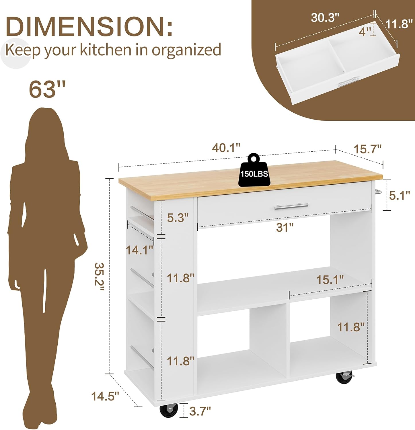 Diagram showing the dimensions of the SUNLEI 40-inch kitchen cart, including height, width, depth, and internal shelf and drawer measurements.