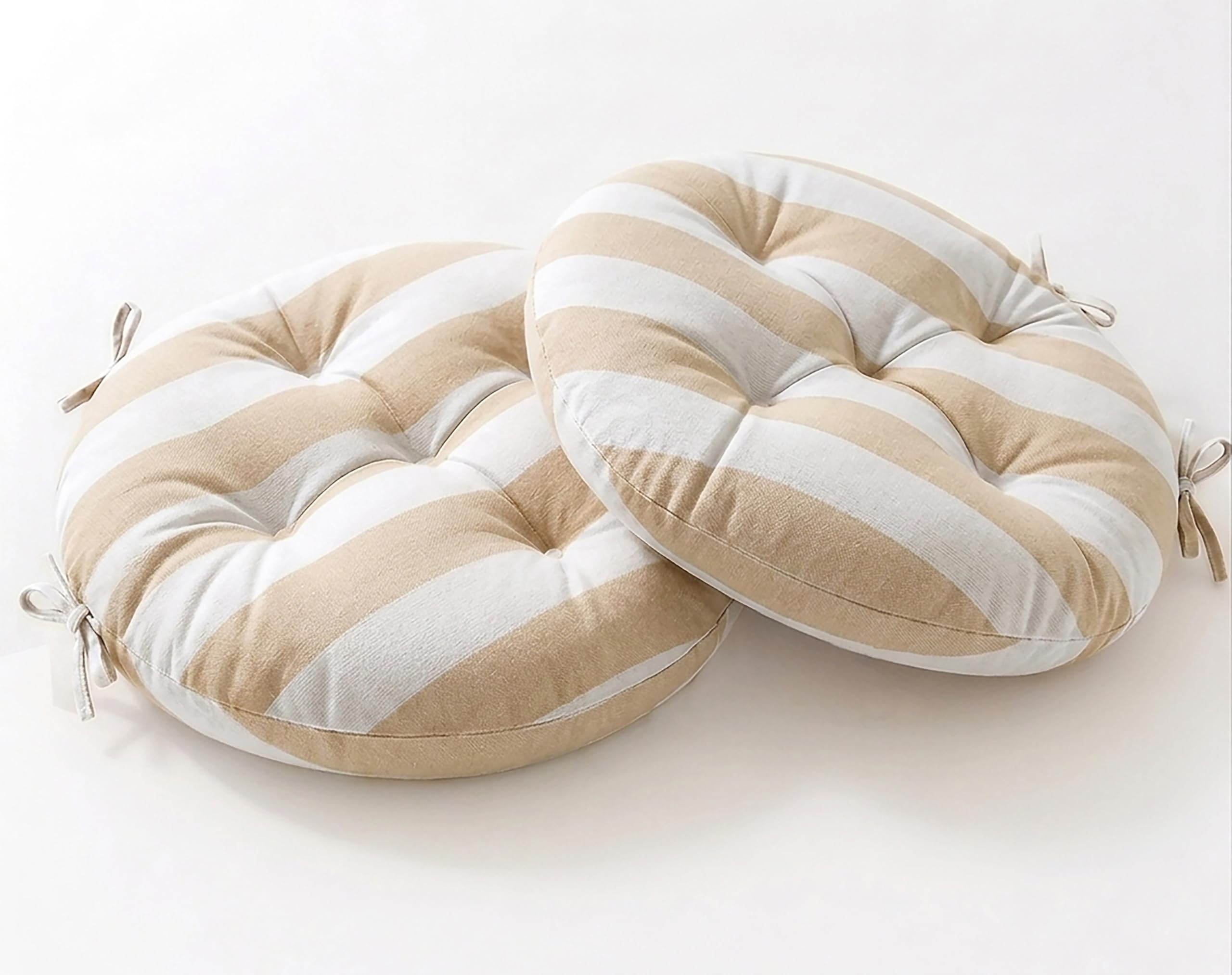 Cotton Shell | Mixfiber Filled |Multipurpose Round Chair Cushion/Pad with Ties - Pack of 2 (40x40CM - 16"x16") (Beige)-image-12