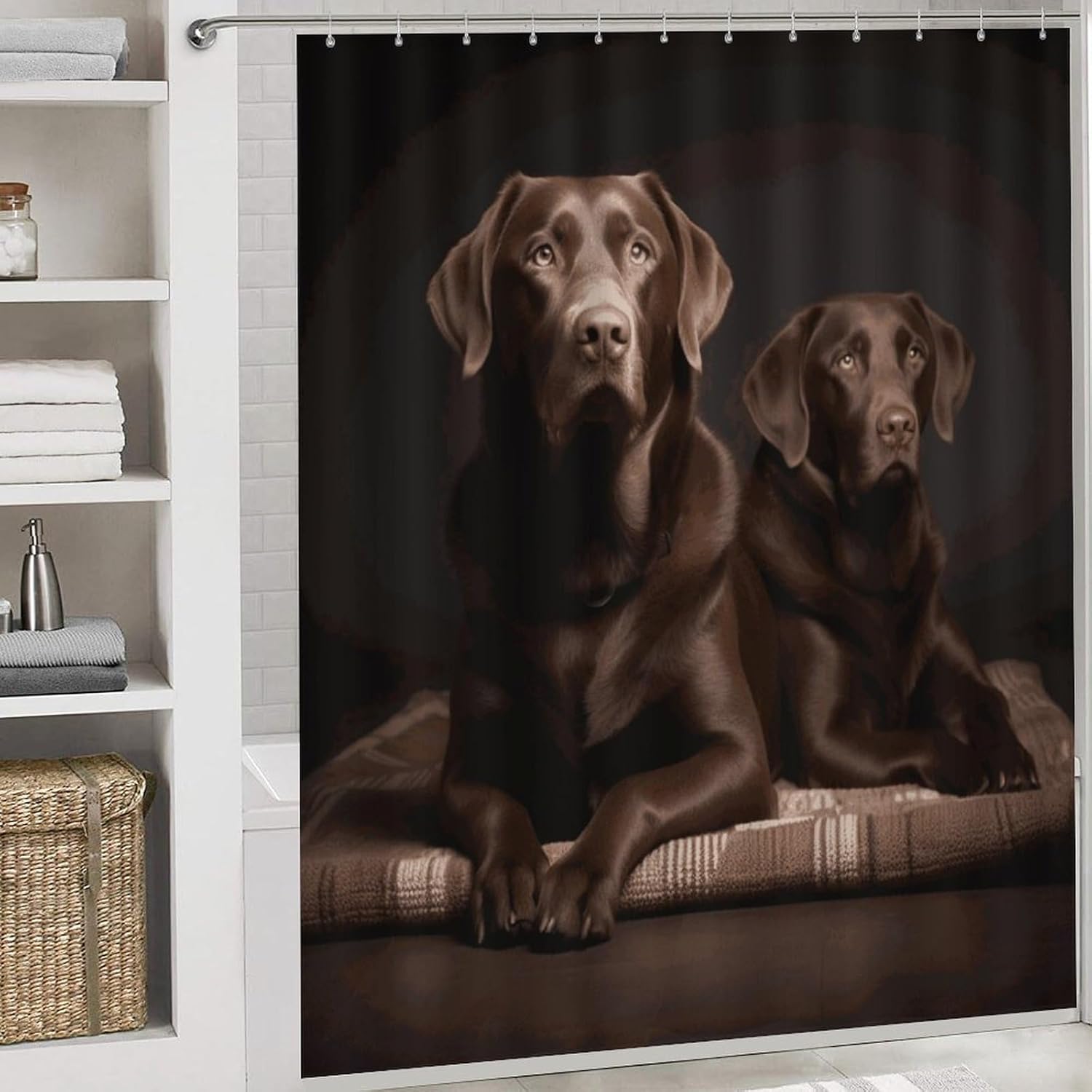 Brown Labrador Retriever Shower Curtain Set 4 Piece, Non-Slip Bath Mat with Toilet Lid Cover and Waterproof Shower Curtain with 12 Hooks, Complete Bathroom Set for Home Decor
