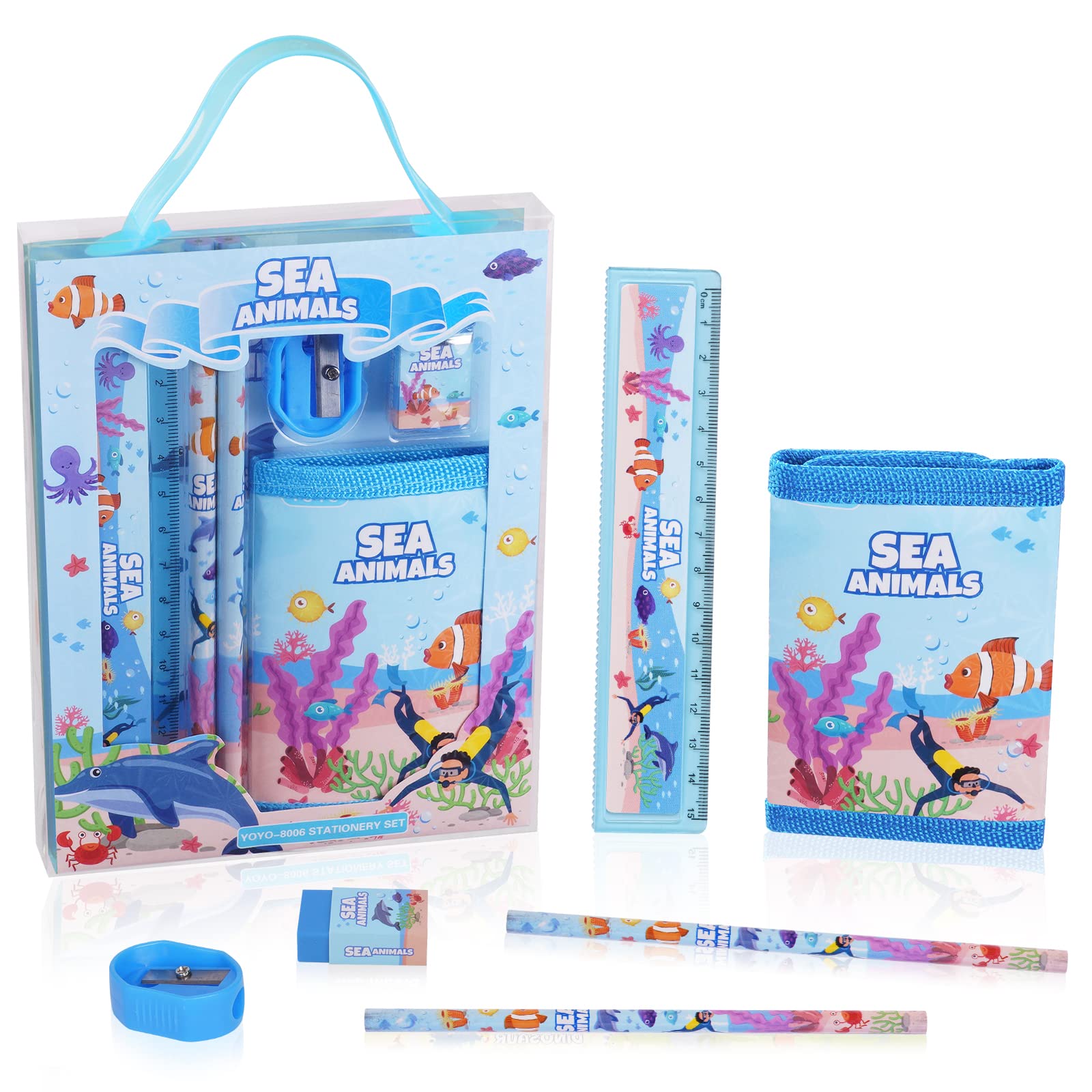 Vicloon Wasserlebewesen Schreibwaren Set, Schreibwaren Geschenkset, Radiergummi, Anspitzer, Brieftasche, Lineal, Bleistift, Kinder Mitgebsel, Geschenk Set für Mädchen und Junge(Wasserlebewesen)