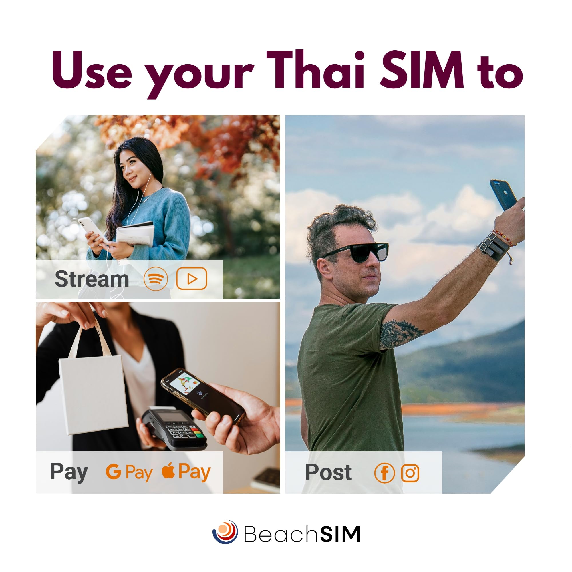 Tarjeta SIM Tailandia 30 días. 10GB de Datos prepagados a velocidades 4G/5G. Fácil de recargar. Funciona en Dispositivos iOS y Android desbloqueados.