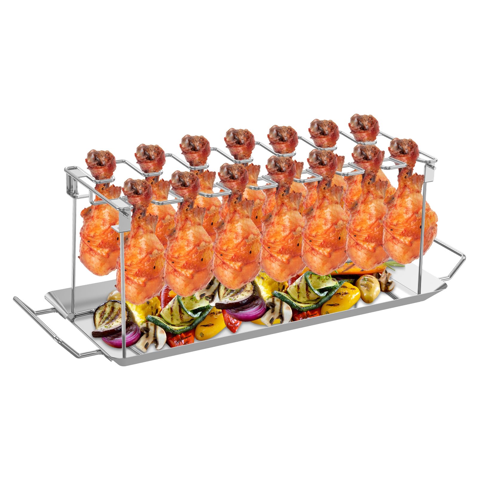 Chicken Leg Rack for Grill with Drip Tray, 14 Slots Stainless Steel Chicken Lollipop Rack, Non-Stick, Dishwasher Safe, Easy Cooking, Perfect for Smoker Grill, Oven, Charcoal Grill, BBQ Accessories