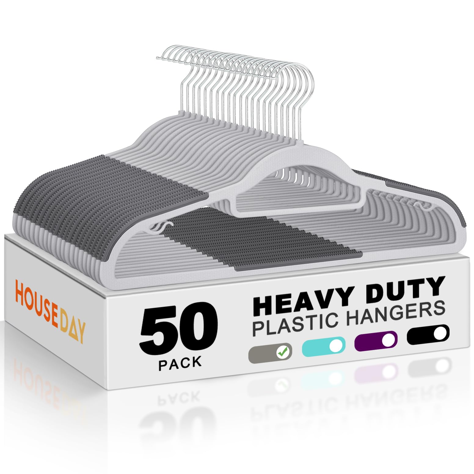 - HOUSE DAY Plastic Hangers 50 Pack, Grey Plastic Clothes Hangers Non Slip with Rubber Grip, Heavy Duty Hanger with 360° Swivel Metal Hook, Ultra Thin Hangers Space Saving for Closet Organizer