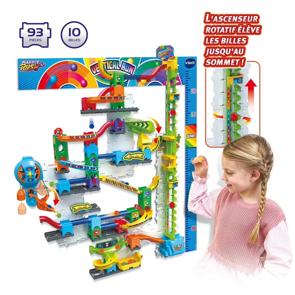 VTech - Marble Rush Ultimate Vertical Run V100E - Circuit à Billes Électronique à la Verticale, 93 Pièces et 10 Billes - Jeu de Construction à Fixer - Cadeau Enfant Dès 6 Ans - Contenu en Français