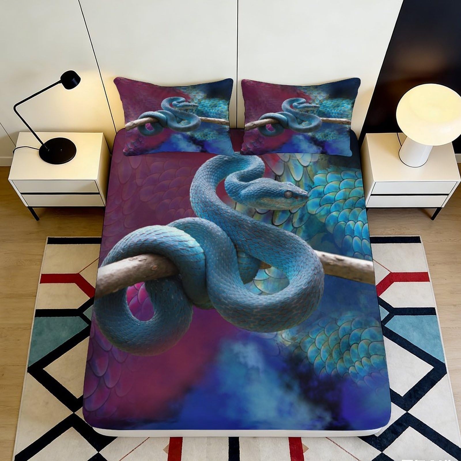 3D Printed Blue Snake Jungle Art Fitted Sheet Microfiber Non-Slip Mattress Cover for Bedroom Dorm Easy Care Decor 140x200x25cm