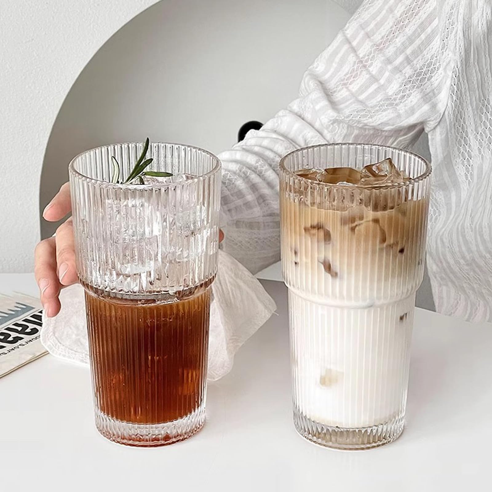Trinkgläser, geriffelt, 540 ml, 2 Stück, altmodische Gläser, verdicktes Glas für Eiskaffee, Smoothies, Cocktails und Säfte, perfekt für Familien und Partys (2)