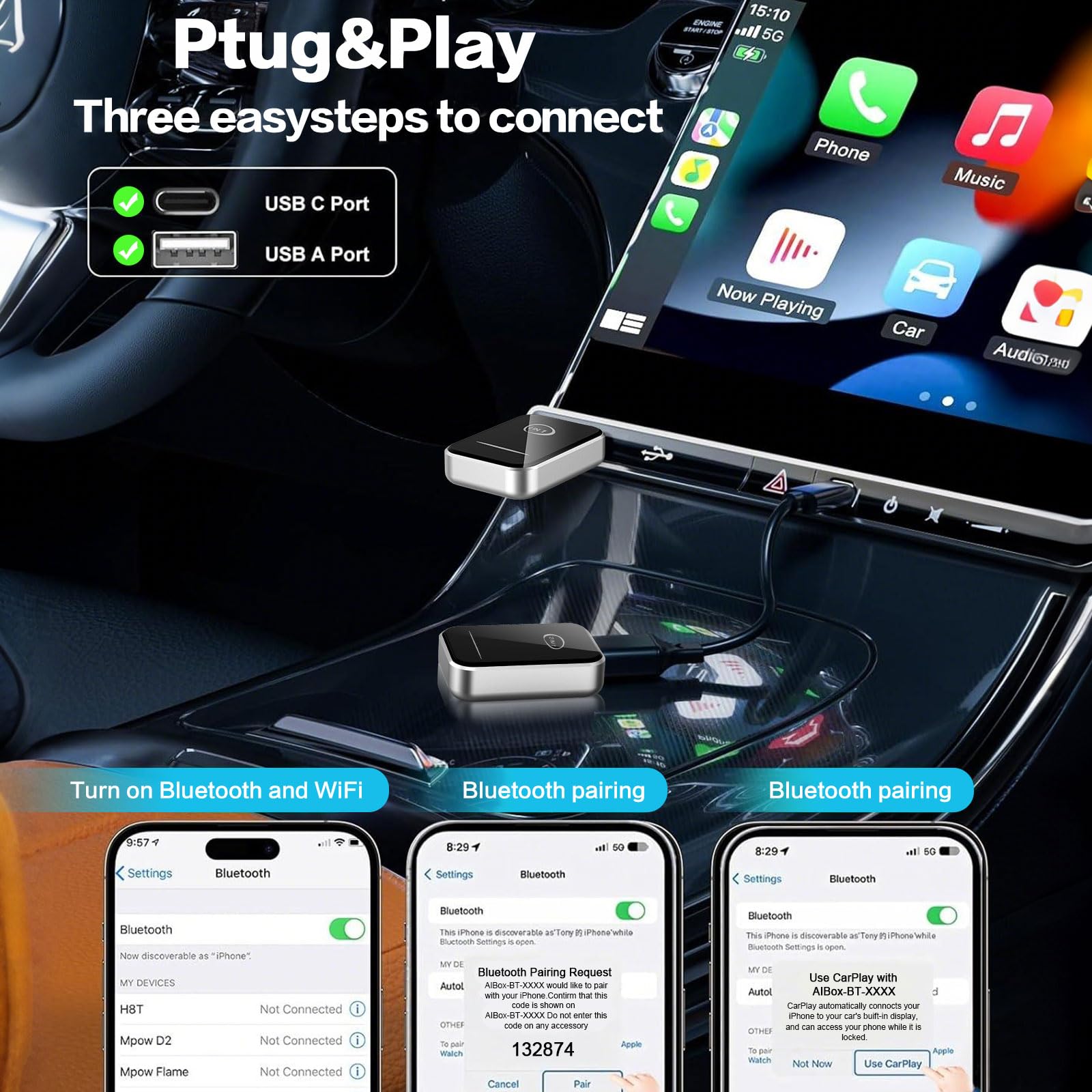 Adaptateur CarPlay Sans Fil 2 En 1 Pour Voiture iOS Et Android, Conversion Filaire À CarPlay Sans Fil 2025 Amélioration Des Conversions, Pour Les Voitures À Partir De 2016+