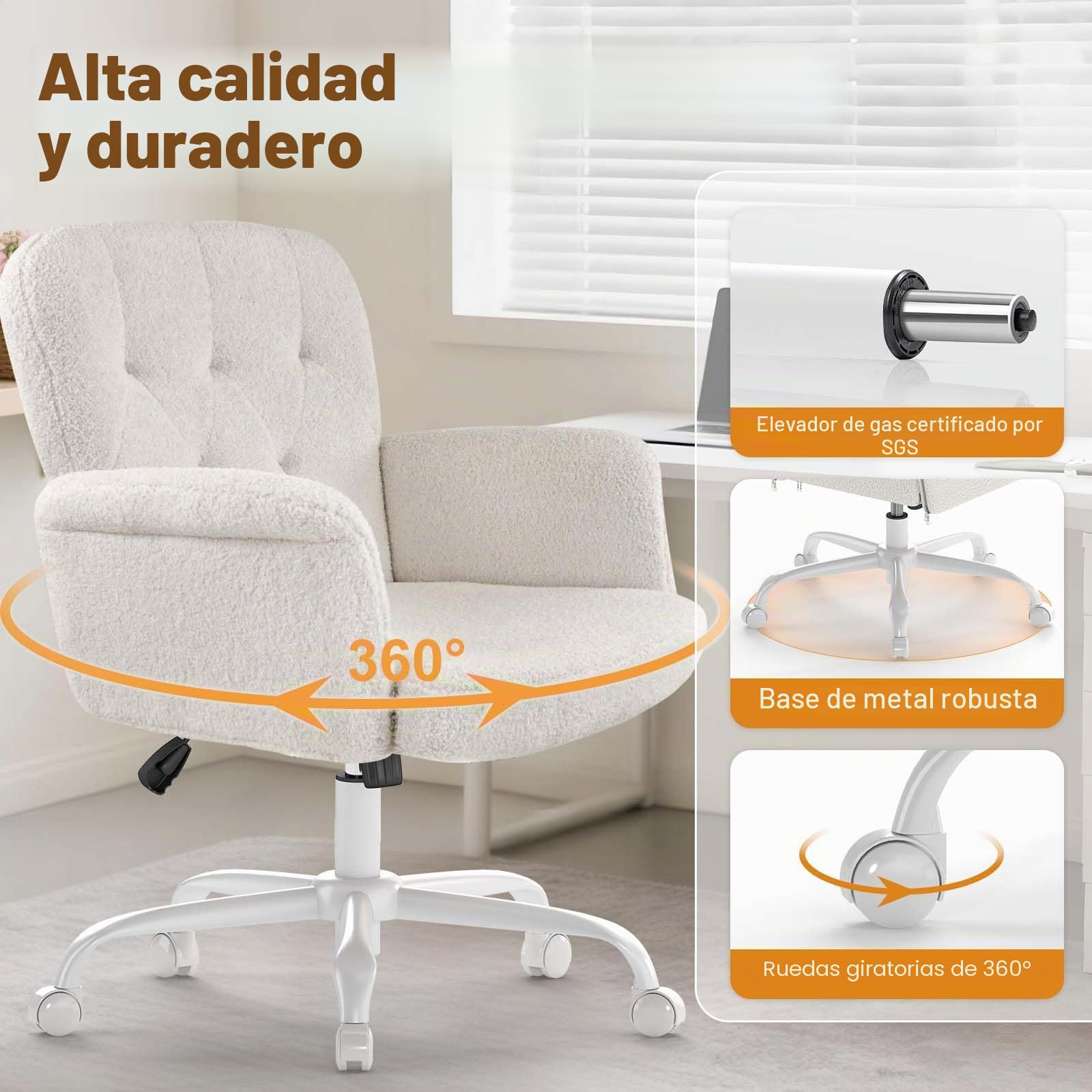 Silla Oficina, sillón Maquillaje Acolchado c/Ruedas y Brazos, Asiento Giratorio Felpa Teddy Regulable, Ideal para salón, Dormitorio, Maquillaje y salón, Blanco