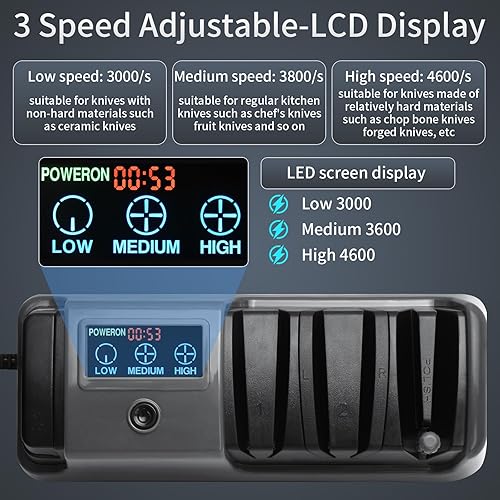 Miniatura 5 de Afilador de cuchillos eléctrico profesional de 3 etapas con varilla, 100% abrasivos de diamante, 3 velocidades de rotación ajustables con pantalla