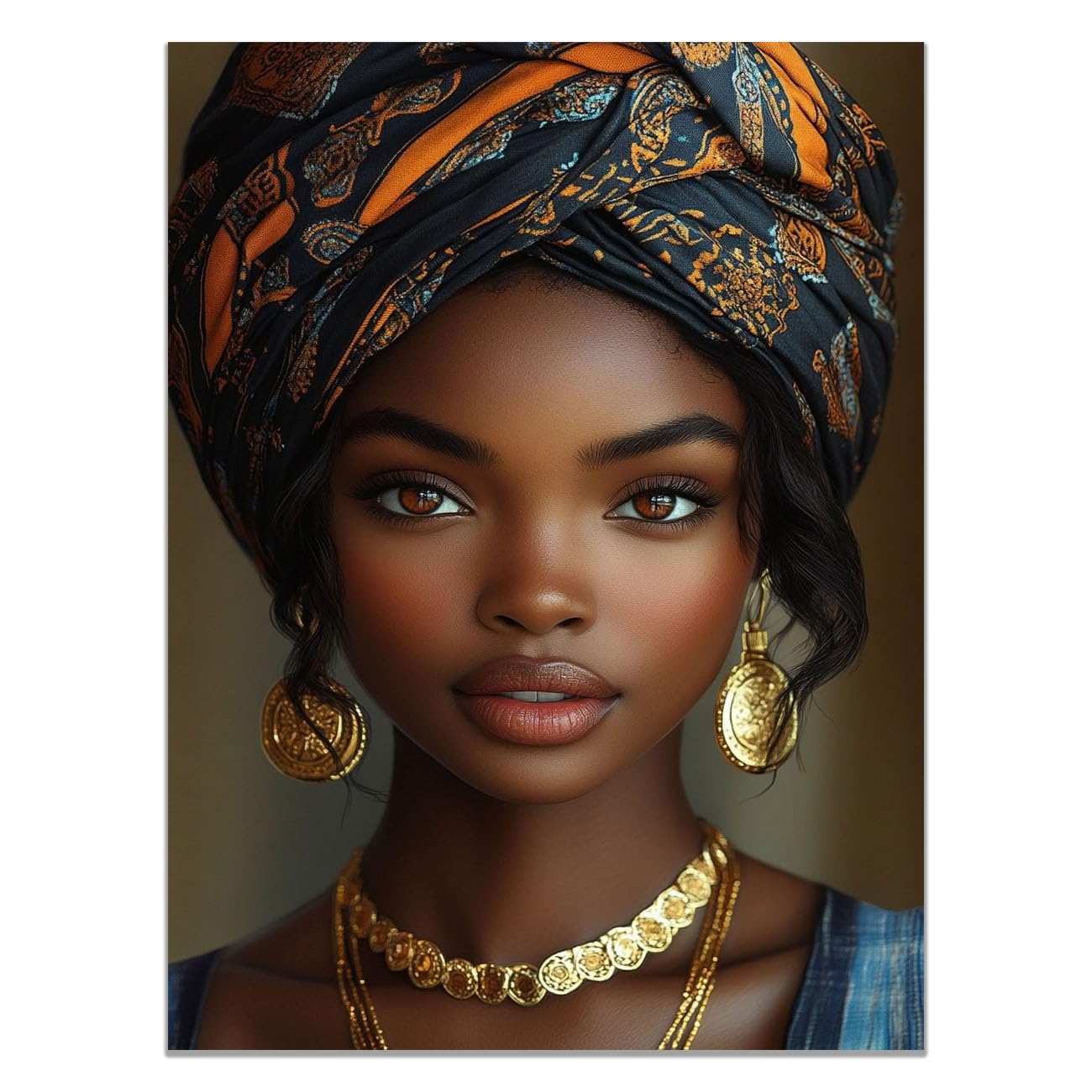 QUSAAOU African Americans Wall Art Woman Printed Headwrap Gold Jewelry Portrait Vintage Tribal Girl Images Elegant Paintings Of Black Women Suitable For Home Wall Decoration(black)-60x90cm1 Unframed