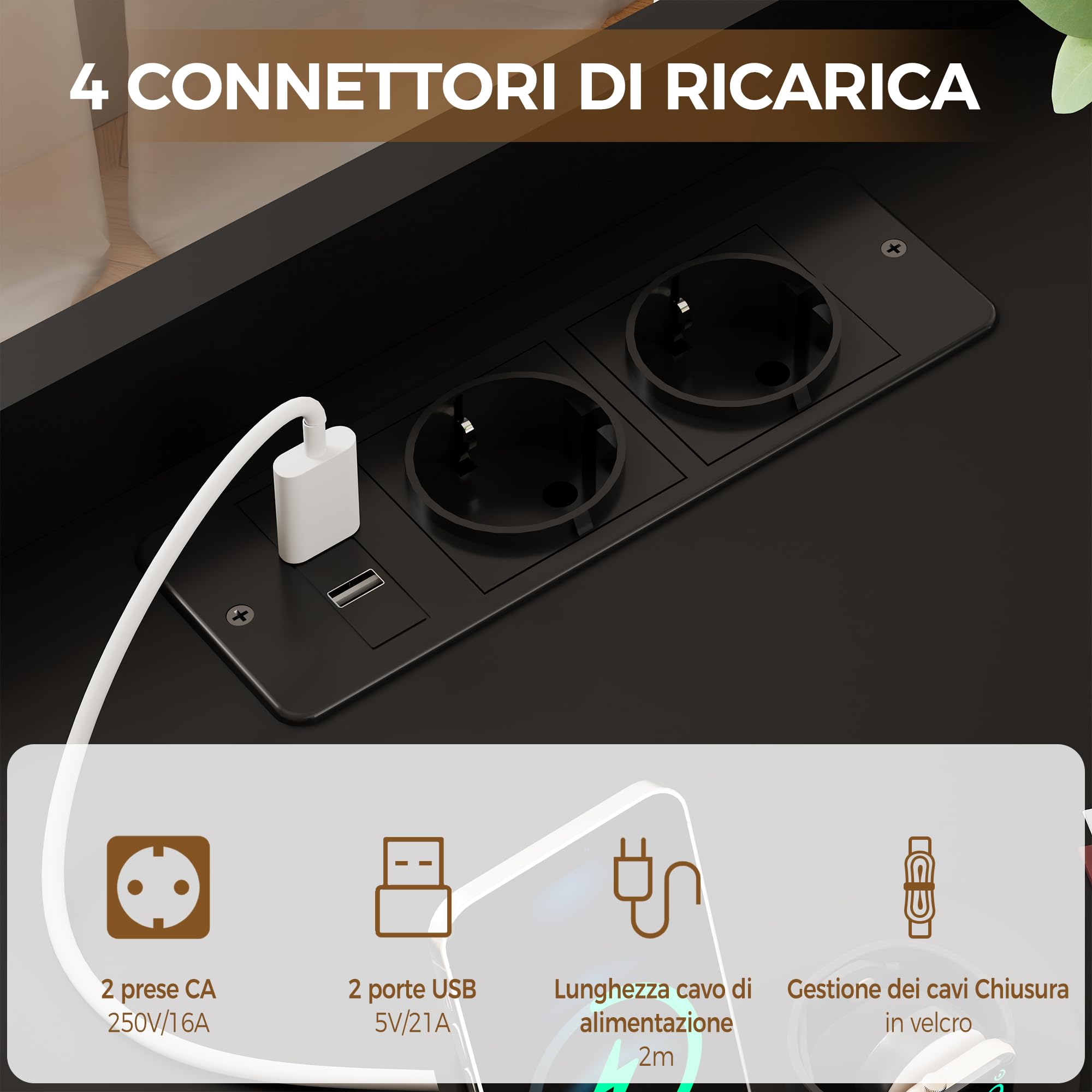 BEWISHOME Set di 2 Comodino,con Scomparto Nascosto(2 Cassetti),Comodino con presa,Semplice e Versatile,con Funzione di Ricarica,per Soggiorno,Camera da letto (Nero) EFCG02B