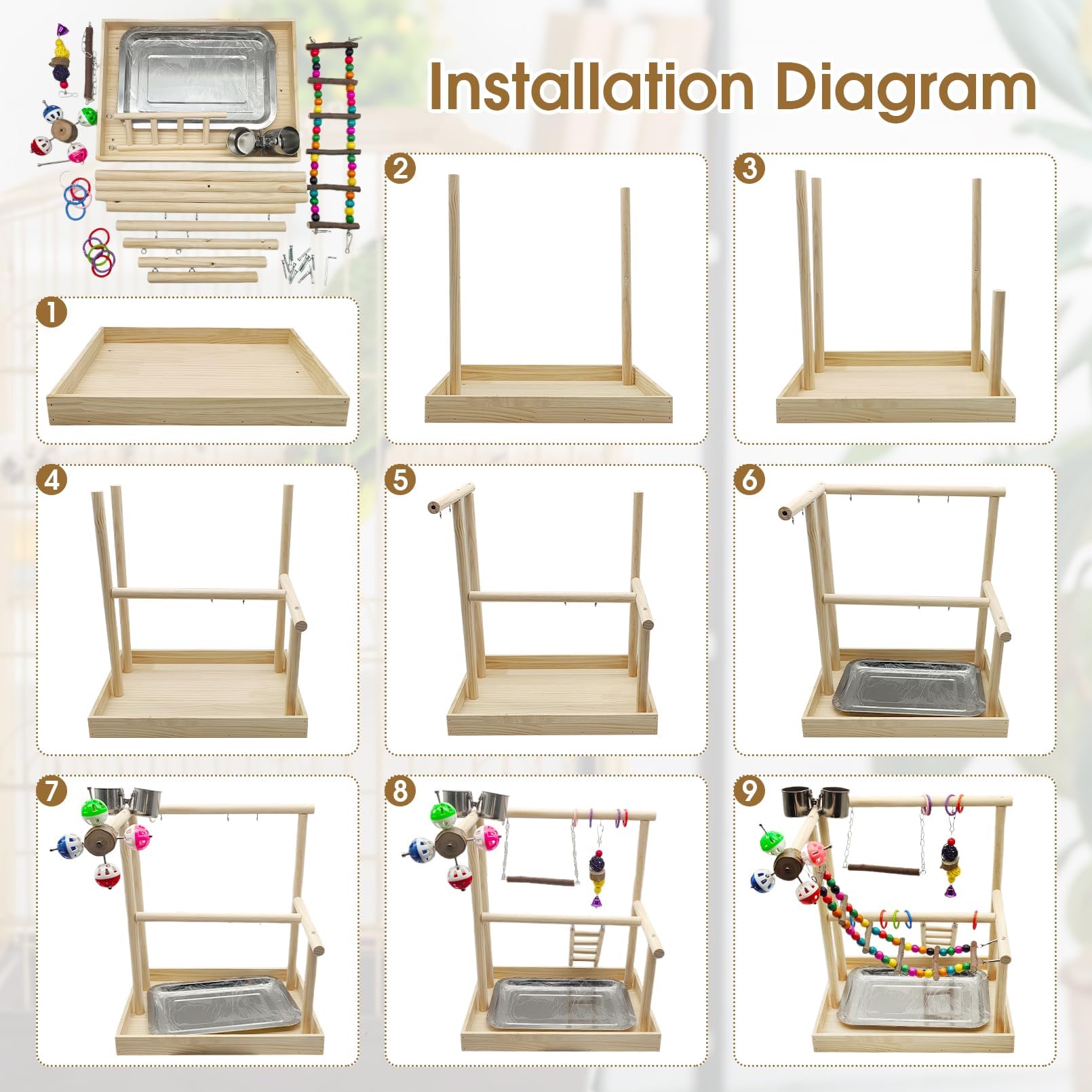 PINVNBY Bird Playground Parrot Playstand Play Gym Cockatiel Wood Bird Toys Birds Cage Accessories Playpen Ladder with Feeder Cups Hanging Swing Toys for Parakeet Conure Lovebird Cockatiel - image 7