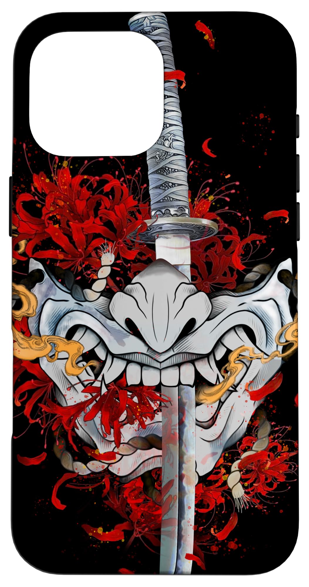 Red Spider Lily and Japanese Anime Retro Oni Samurai Mask Case for iPhone 16 Pro Max