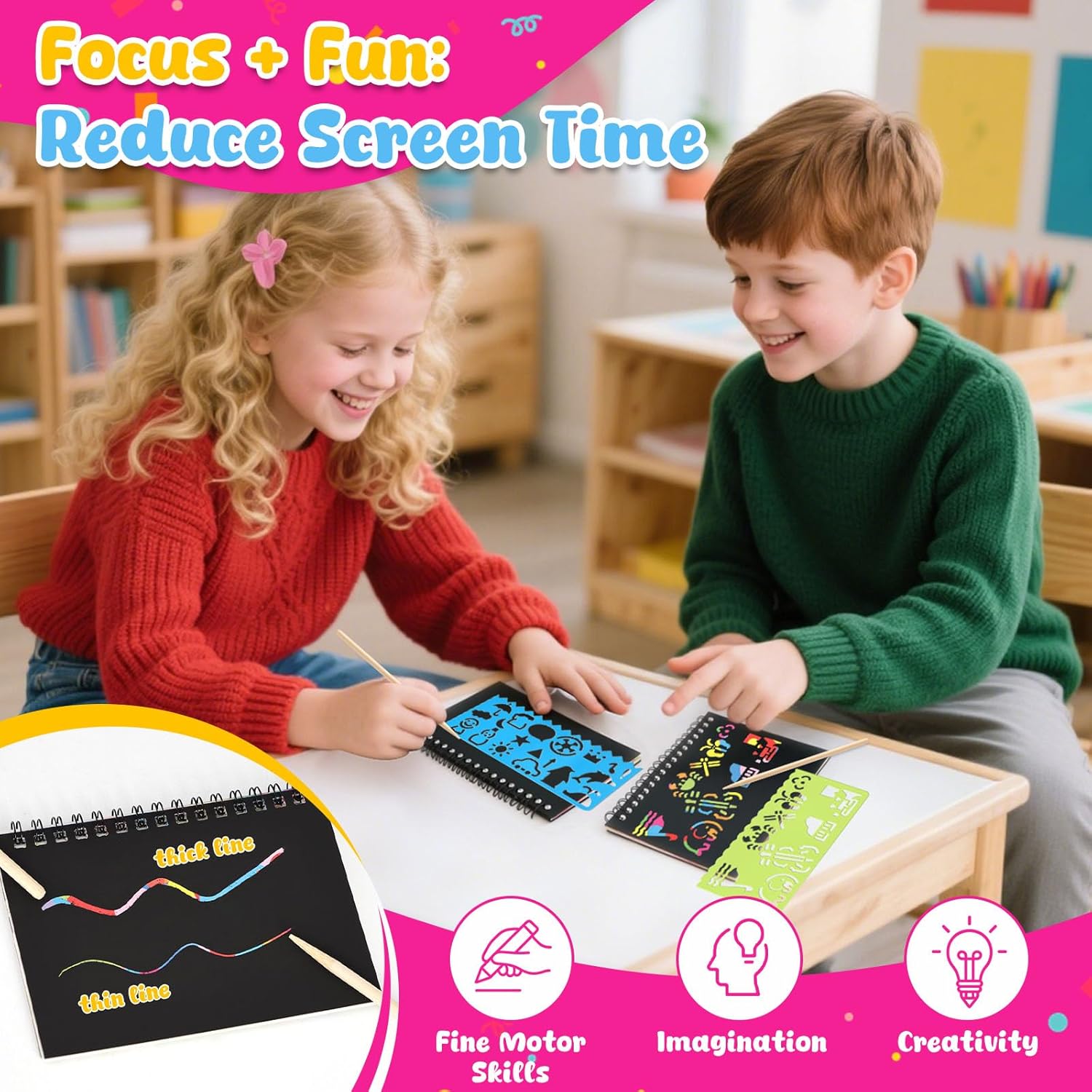 LovesTown 32 Pack Rainbow Scratch Art Notebook Party Favors Bulk for Kids, Rainbow Notebooks with Stencils & Gift Bags, Classroom Prizes Bulk for Girls Boys, Christmas Stocking Stuffers - Image 4