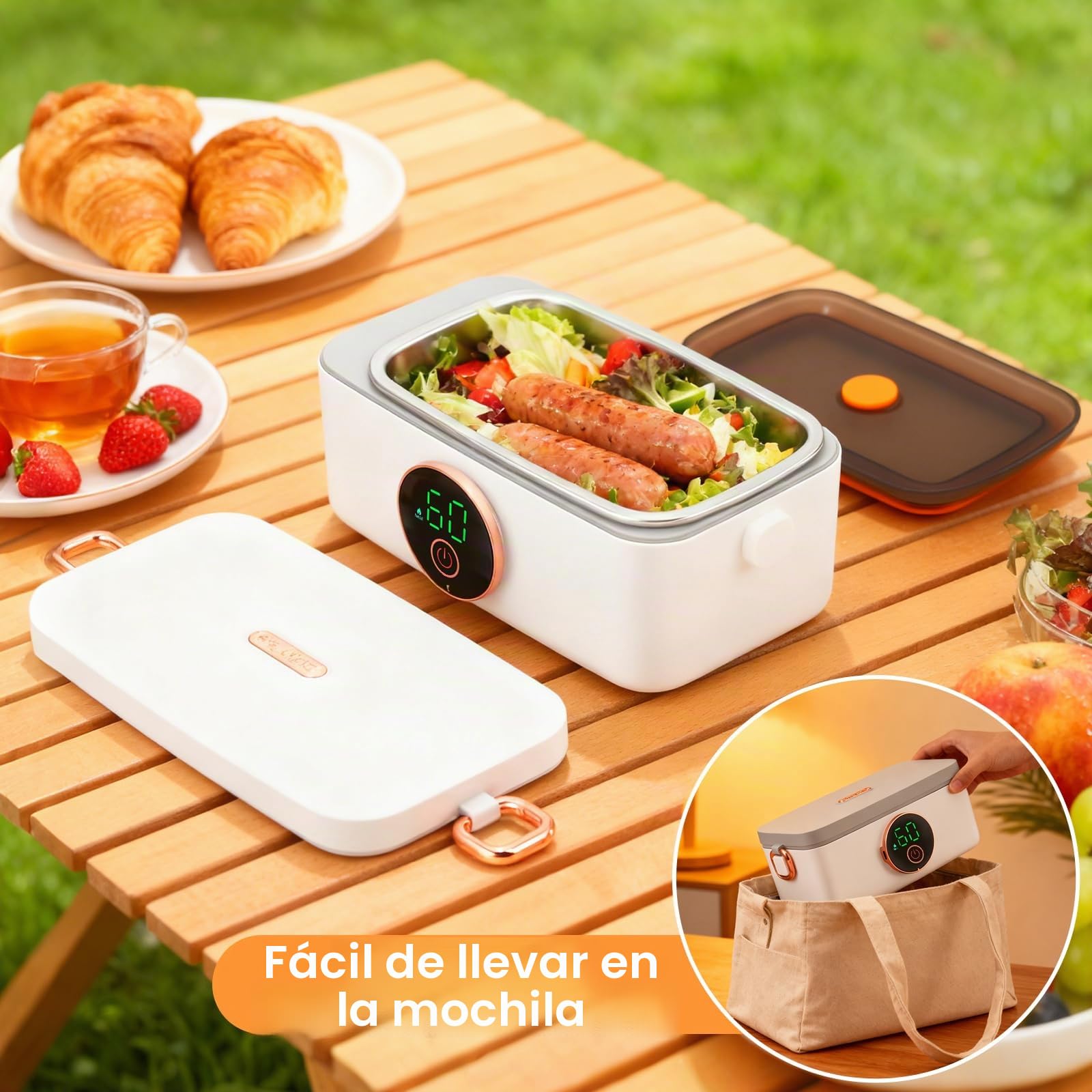 Fiambrera eléctrica con batería 16000mAh 1L Fiambrera calefacción inalámbrica para adultos función de calentamiento automático, Fiambrera calefacción por USB, Contenedor interior de acero inoxidable