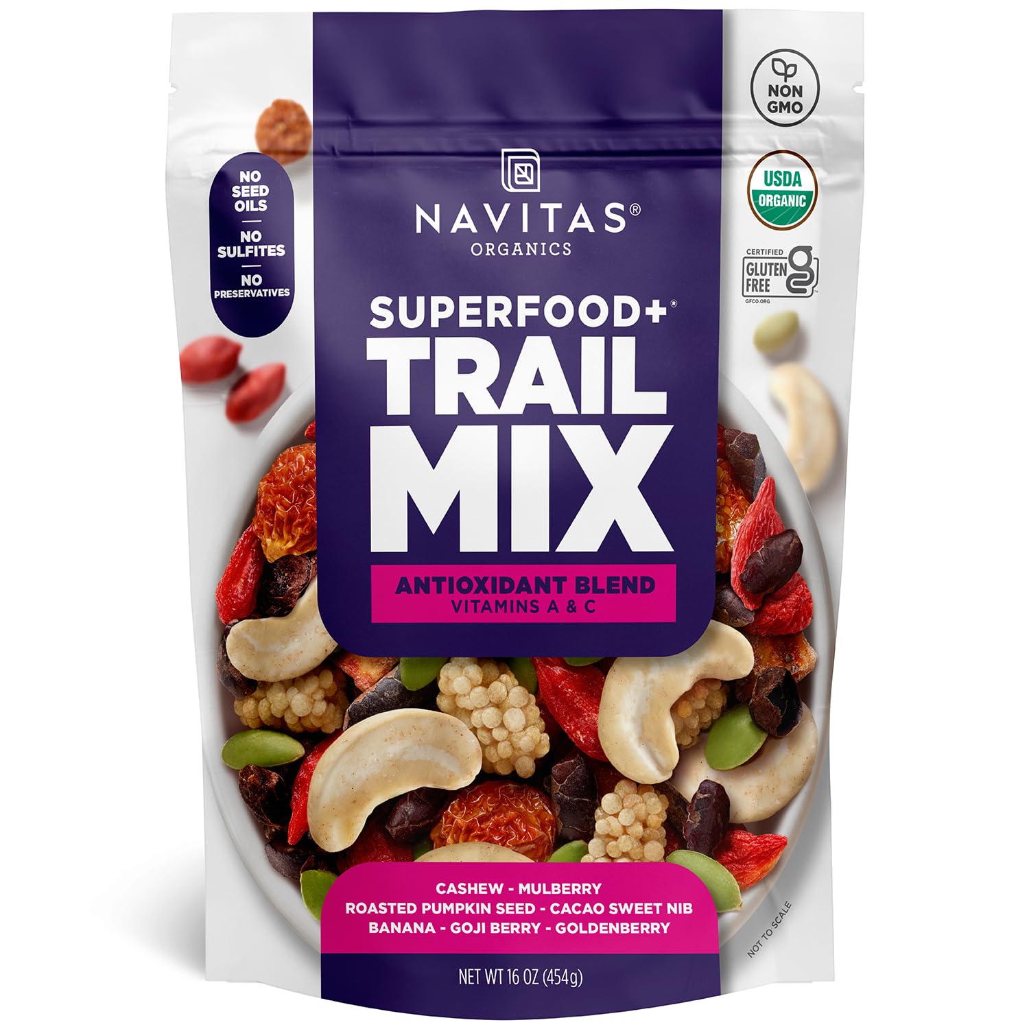 Navitas Organics Trail Mix Antioxidant Blend – Superfood Trail Mix – Antioxidant Rich Snacks – Fiber & Minerals – No Seed Oils – USDA Organic, Non GMO, Gluten Free, Vegan (16oz. Bag, 15 Servings)