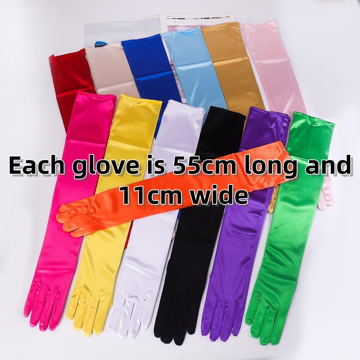 2/7 guantes largos para mujer, color arcoíris, longitud 55 cm, elegantes, de satén, para fiestas