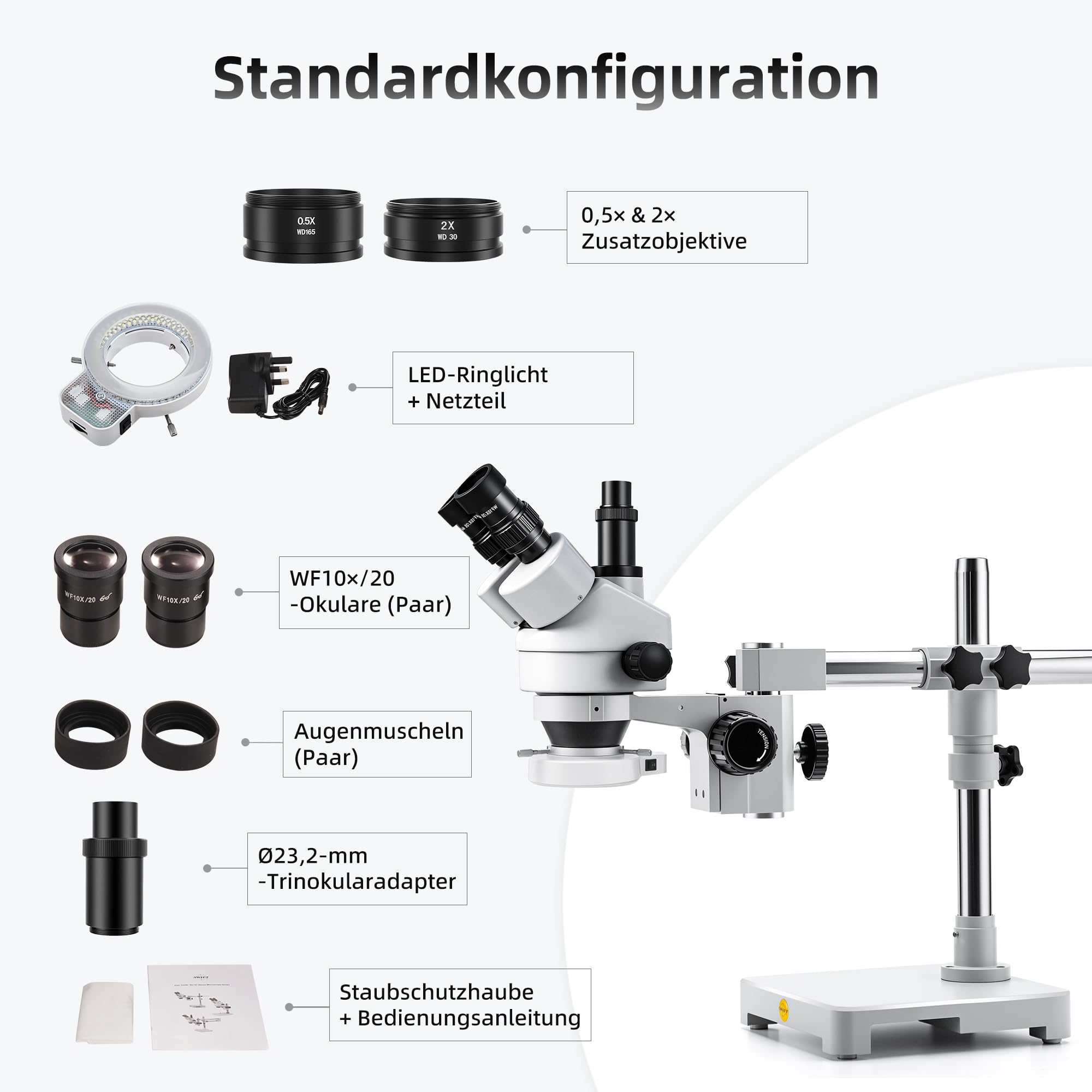 SWIFT S7-TS520-EA10-144 trinokulares Stereo-Zoommikroskop (Greenough) 3,5–90×, stufenloser Zoom 0,7–4,5×, Boom-Stativ, 144-LED Ringlicht dimmbar, φ23,2mm Kameraadapter