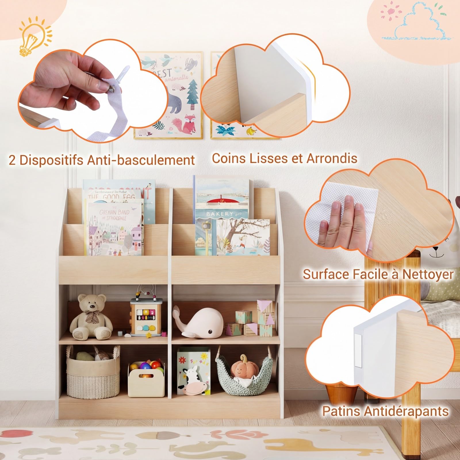 COSTWAY Bibliothèque Enfant en Bois avec 4 Cubes et 4 Compartiments Ouvertes, Étagère à Livres Enfant avec Kit Anti-basculement, Organiseur de Jouets pour Salle de Jeux Crèche