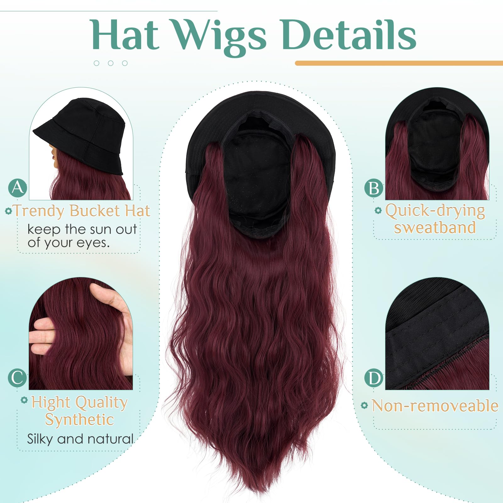 S-noilite Hat Wig for Women Bucket Hat Wig with 18 inch Long Curly Wave Hairstyle Synthetic Hair Extensions - Image 4