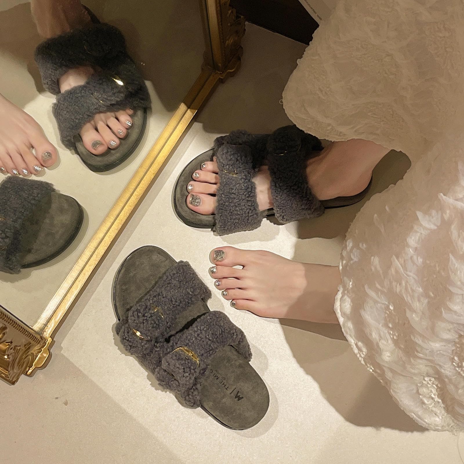 Donna Pantofole in Peluche da con Fibbia Regolabile, Comode A Punta Aperta-verde-35