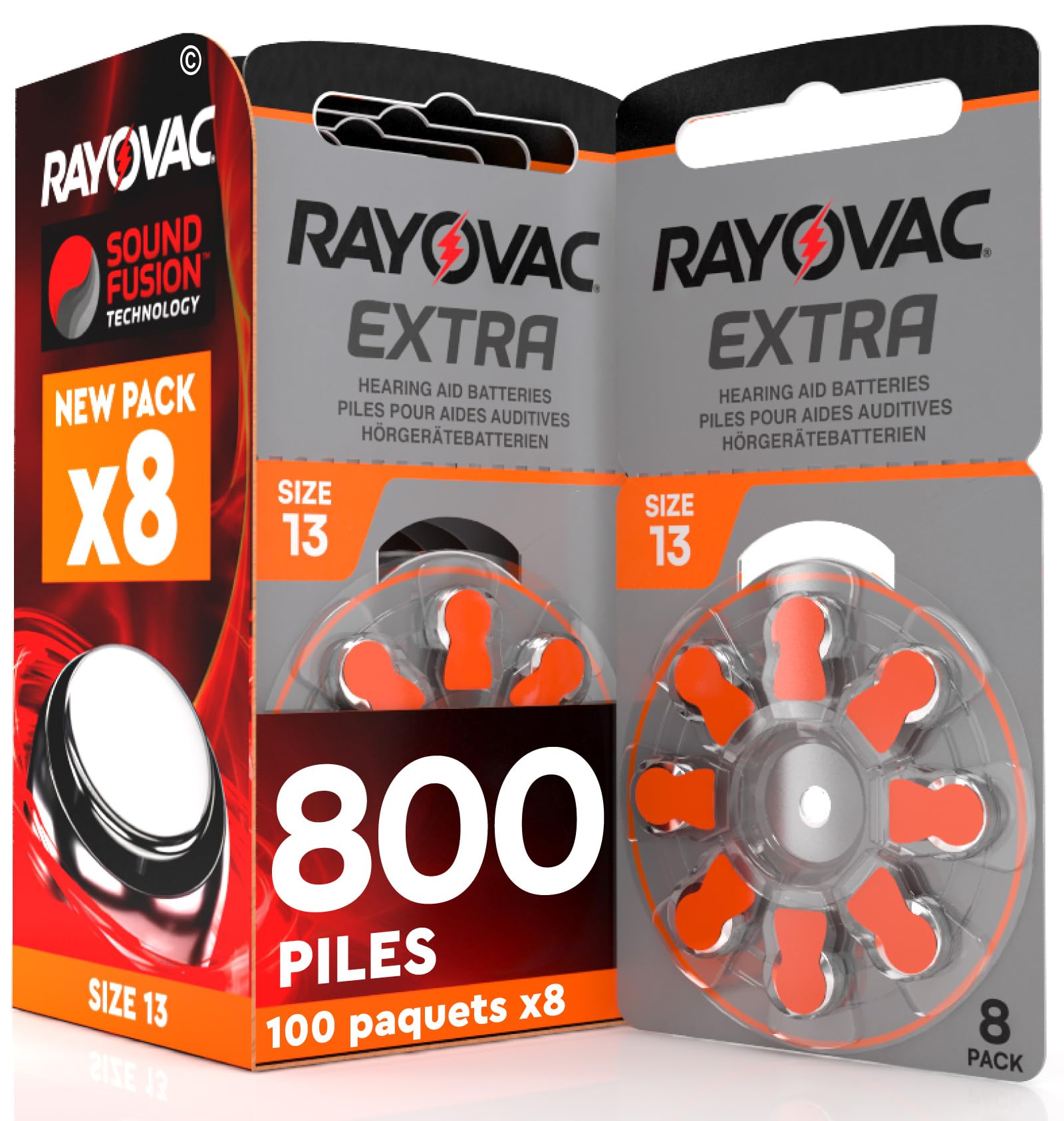 800 Piles pour appareils auditifs Rayovac Extra 13. - 100 Ampoules de 8 Piles