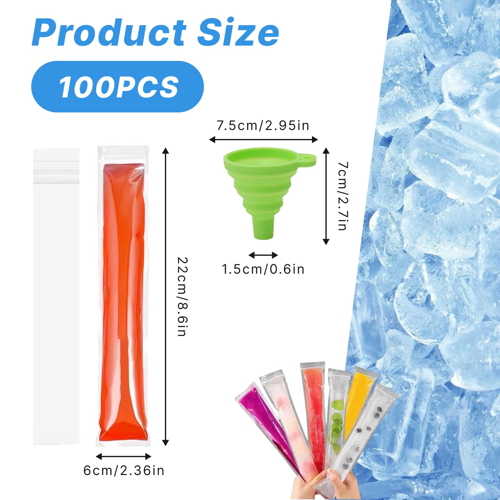 Molde de helado, 100 moldes de hielo al agua, bolsa de congelación con embudo, sin BPA para hacer helados en casa, yogur, caramelo, bricolaje helados, ideal para niños y adultos