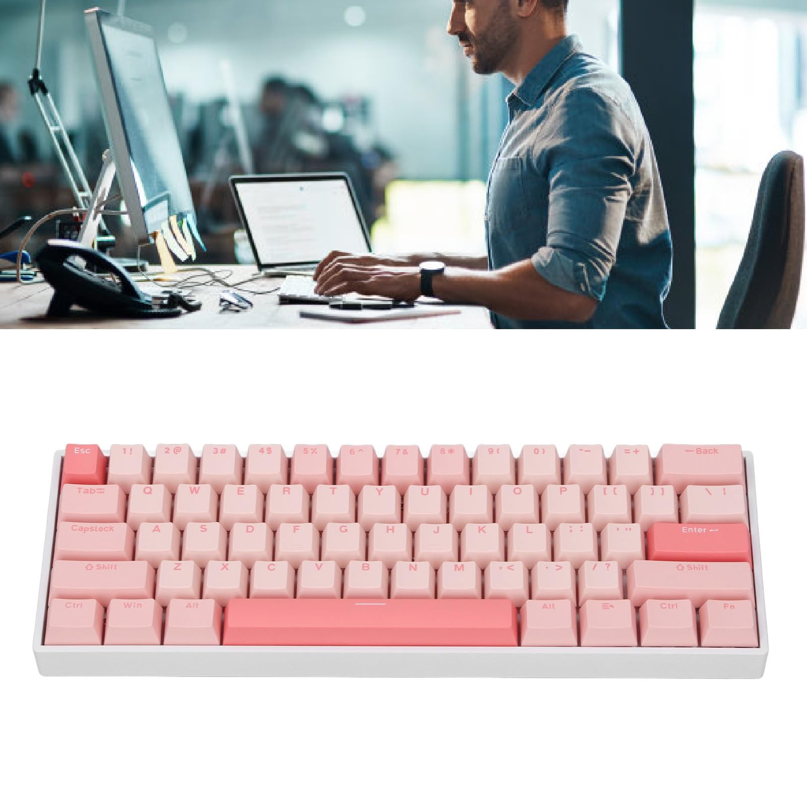 Bezprzewodowa lub Przewodowa, Klawiatura do Gier, 61 Klawiszy Klawiatura Mechaniczna 60% Bezprzewodowa 2,4G, Podświetlana na Czerwono Klawiatura do Gier z Diodami RGB, do