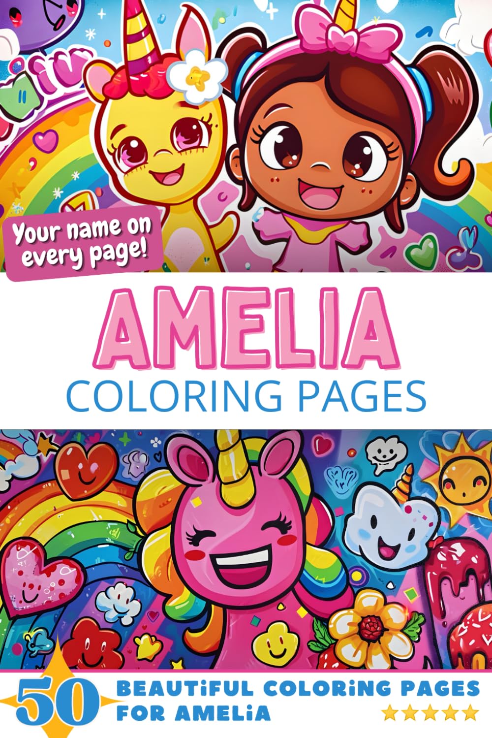 Amelia Coloring Pages: Wow-Effect! Your name on every page - Amelia coloring book - 6x9" - 50x Amelia coloring page - Fantastic Gift