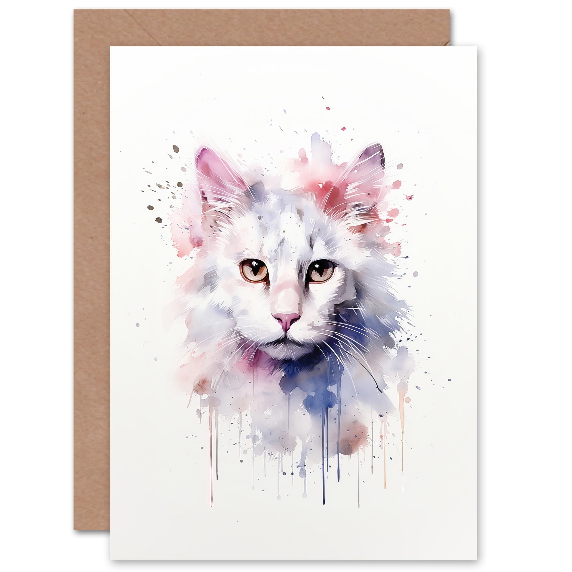 Artery8 Pure White Cat Lovers Gift Watercolour Pet Portrait Painting Artwork Sealed Greeting Card Plus Envelope Blank inside